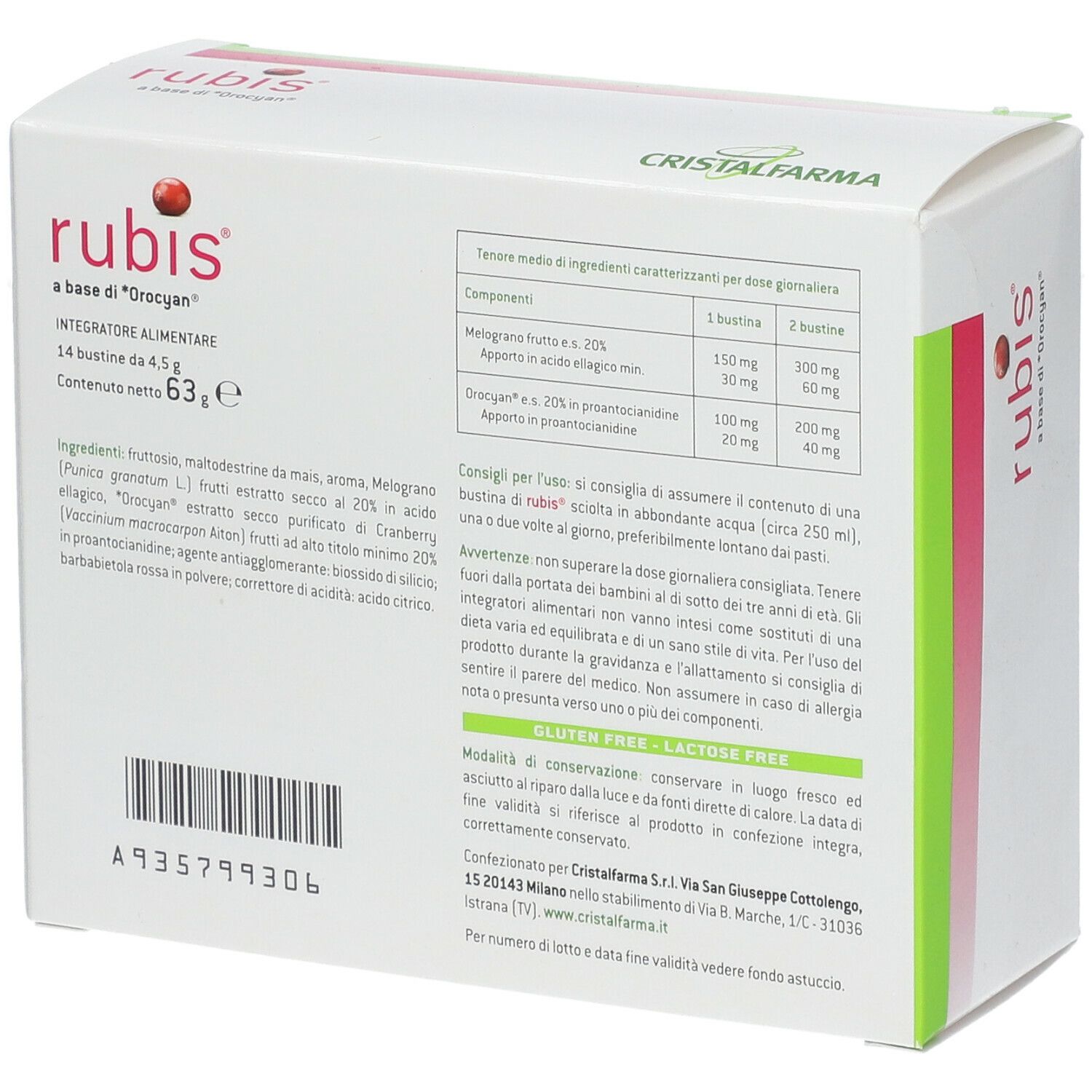 Dos de la boîte de Rubis®. Texte avec ingrédients et dosage. Sans gluten et sans lactose. Marque Cristal Farma.
