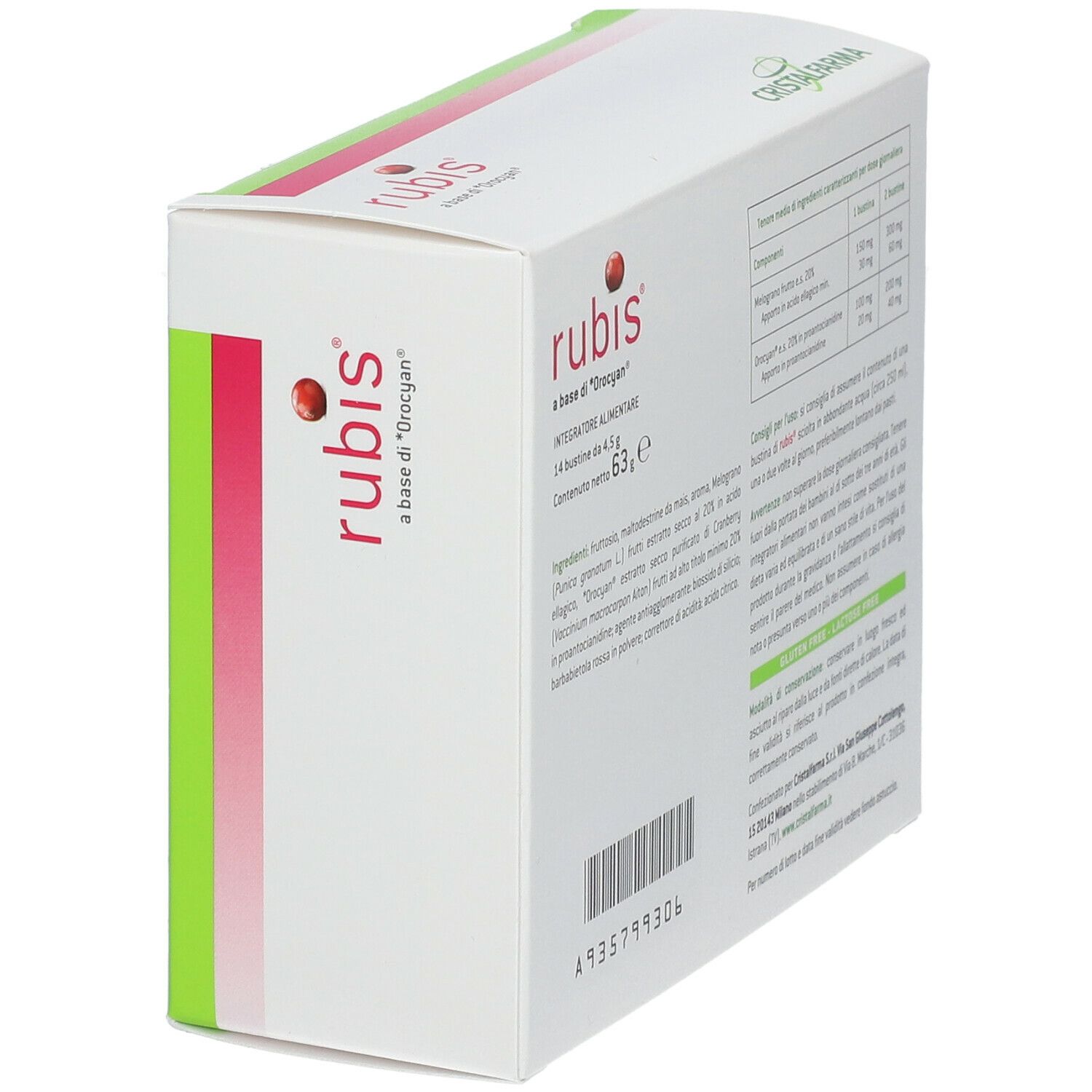Boîte de Rubis® en biais, dos. Texte avec ingrédients et dosage. Sans gluten et sans lactose. Marque Cristal Farma.