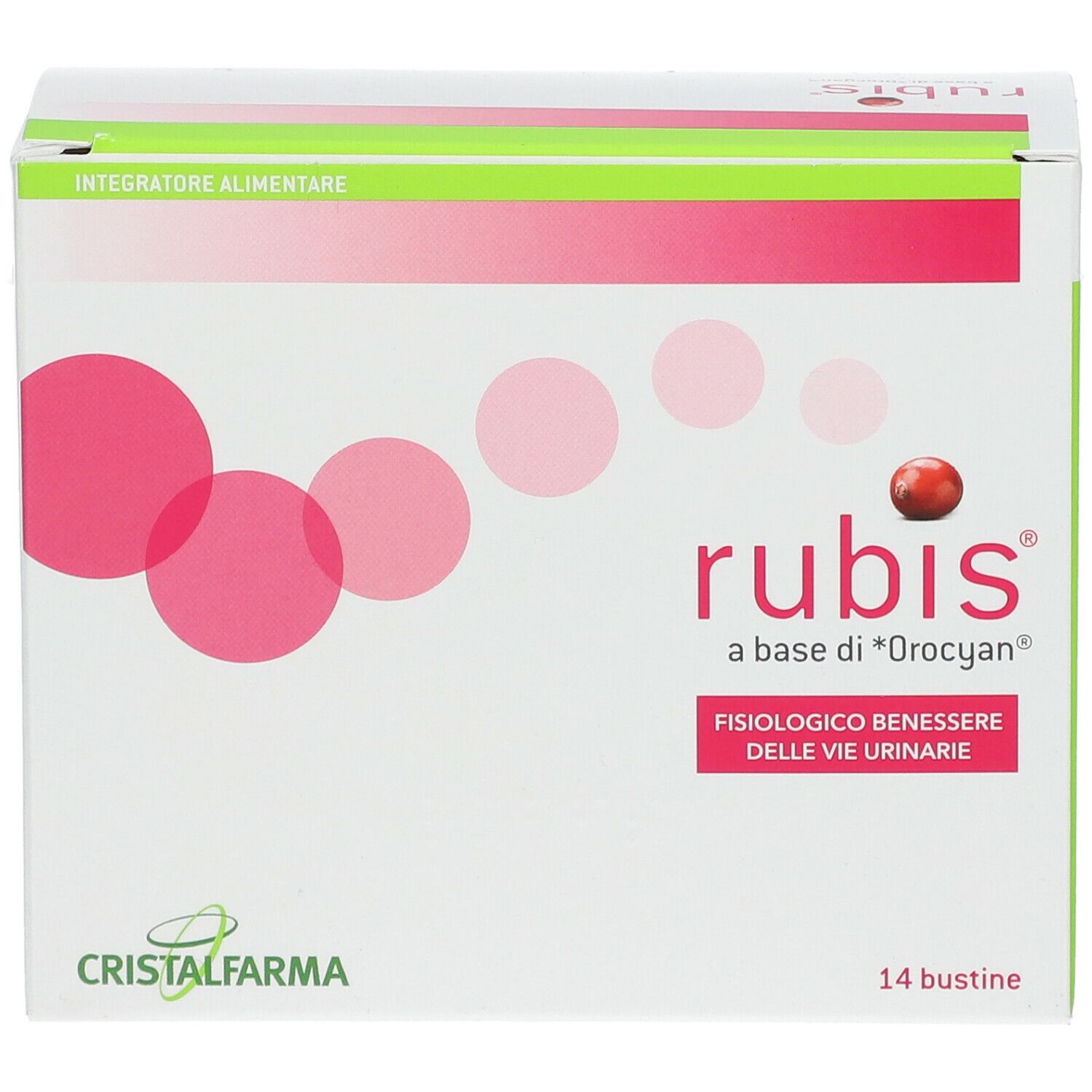 Boîte de Rubis® avec 14 sachets. Cercles roses et fruit rouge sur fond blanc. Texte : « a base di *Orocian* » et « Fisiologico benessere delle vie urinarie ».
