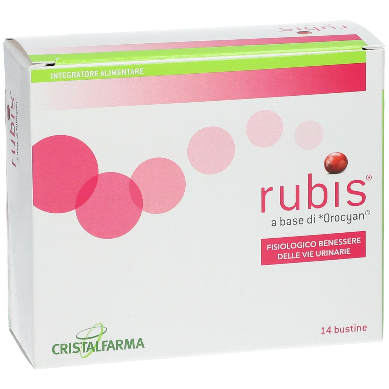 Boîte de Rubis® avec 14 sachets. Cercles roses et fruit rouge sur fond blanc. Texte : « a base di *Orocian* » et « Fisiologico benessere delle vie urinarie ».