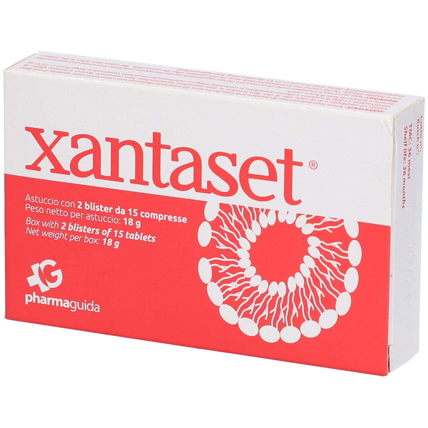 Boîte blanche et rouge avec nom du produit et logo. Texte : 2 blisters de 15 comprimés, 18g. Marque : Pharmaguida.