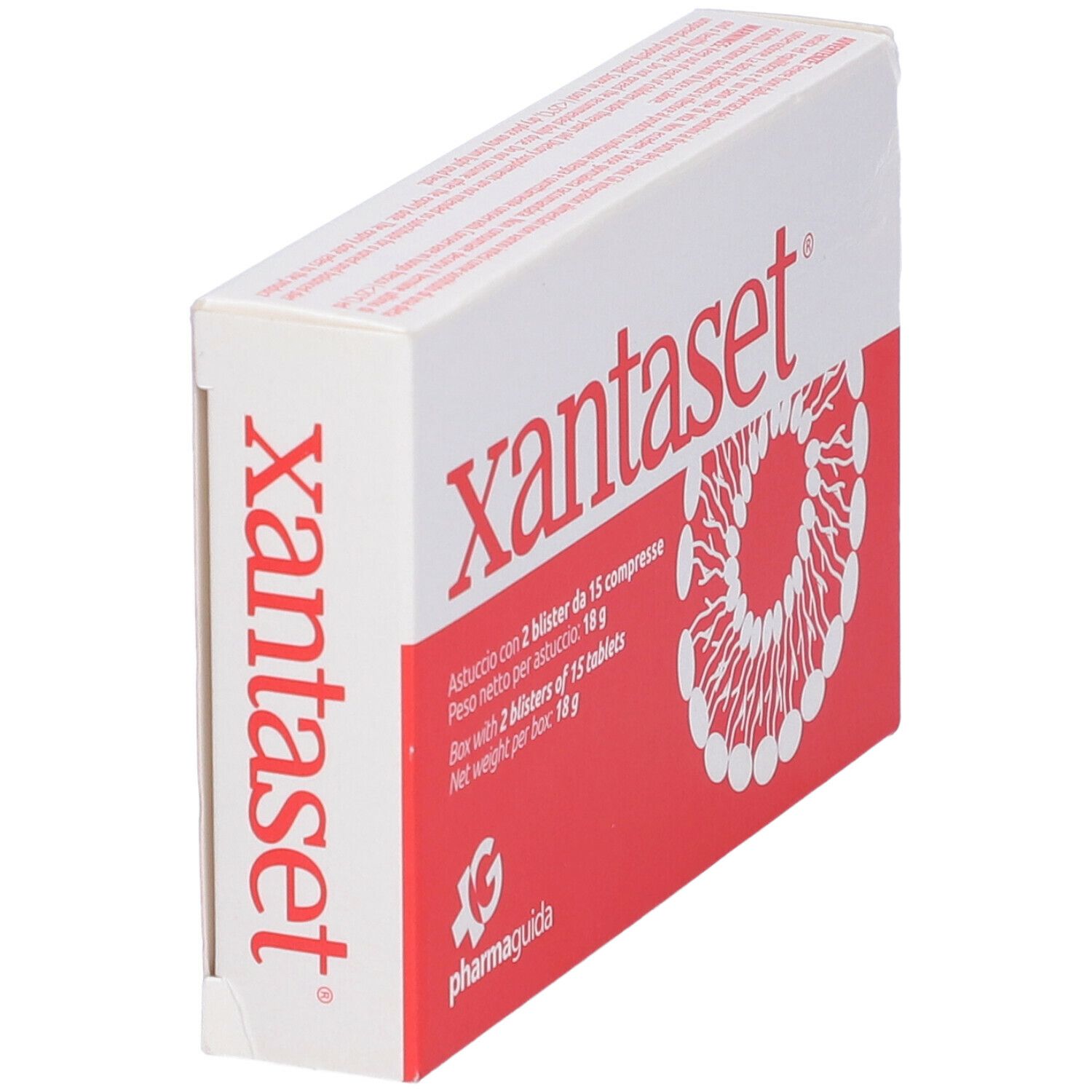 Boîte blanche et rouge avec nom et logo du produit. Texte : 2 blisters de 15 comprimés, 18g. Marque : Pharmaguida.