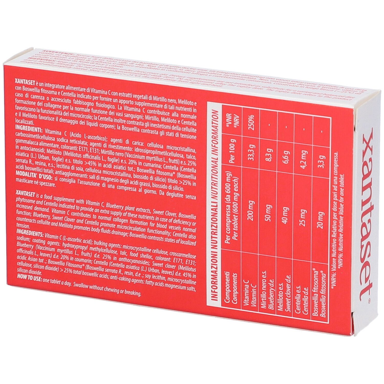 Boîte rouge et blanche avec texte et informations nutritionnelles. Nom du produit sur le côté. Marque : Pharmaguida.