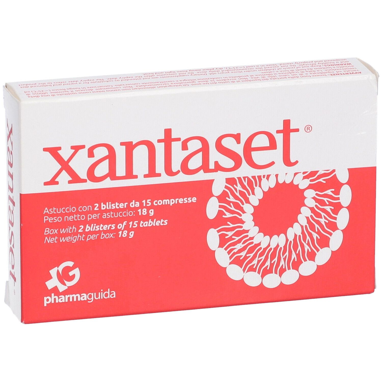 Boîte blanche et rouge avec nom du produit et logo. Texte : 2 blisters de 15 comprimés, 18g. Marque : Pharmaguida.