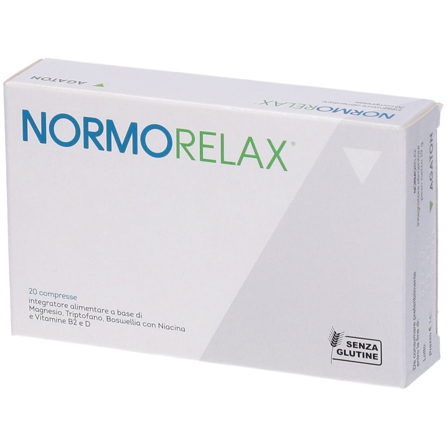 Weiße Schachtel mit "NORMORELAX"-Logo. Enthält 20 Tabletten. Glutenfrei-Siegel.