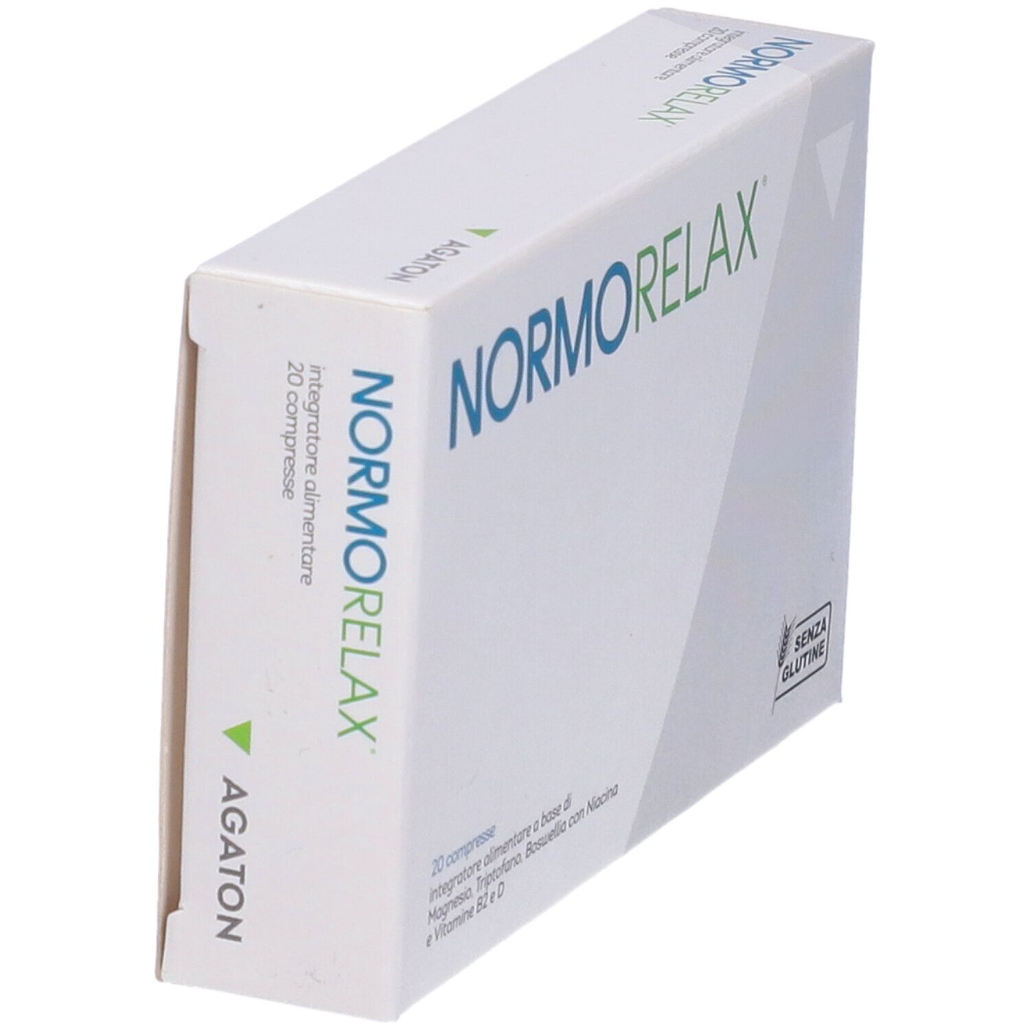 Weiße Schachtel mit "NORMORELAX"-Logo. Enthält 20 Tabletten. Glutenfrei-Siegel.