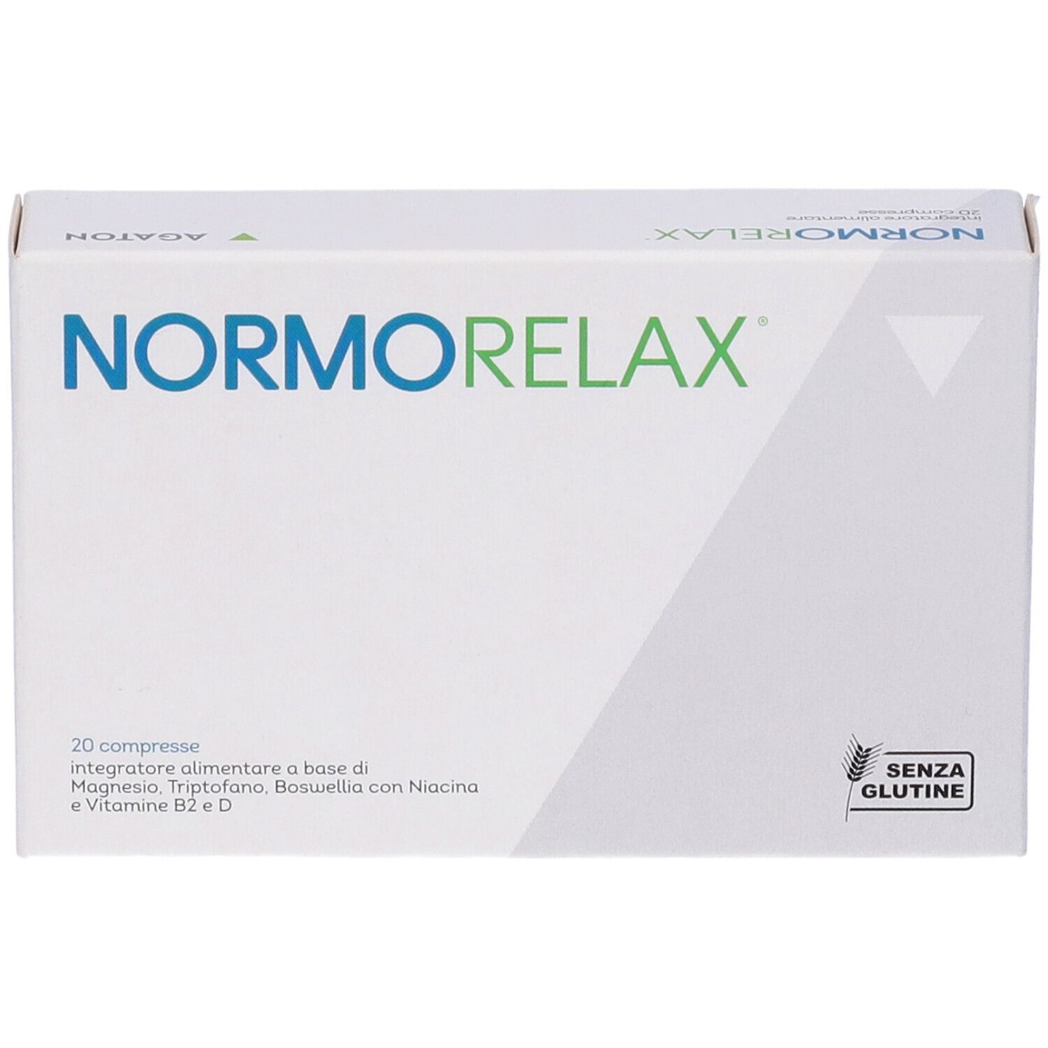 Weiße Schachtel mit "NORMORELAX"-Logo. Enthält 20 Tabletten. Glutenfrei-Siegel.