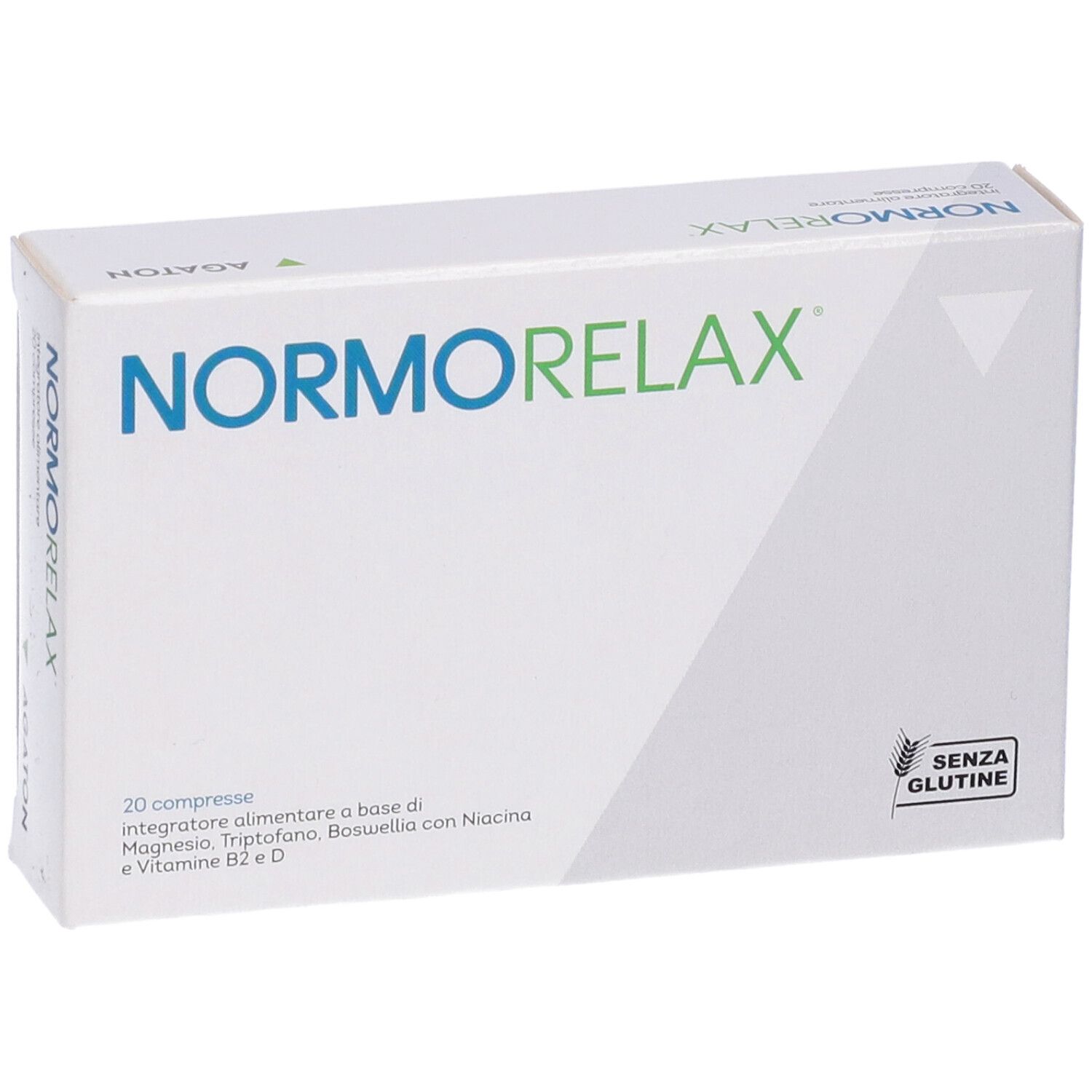 Weiße Schachtel mit "NORMORELAX"-Logo. Enthält 20 Tabletten. Glutenfrei-Siegel.