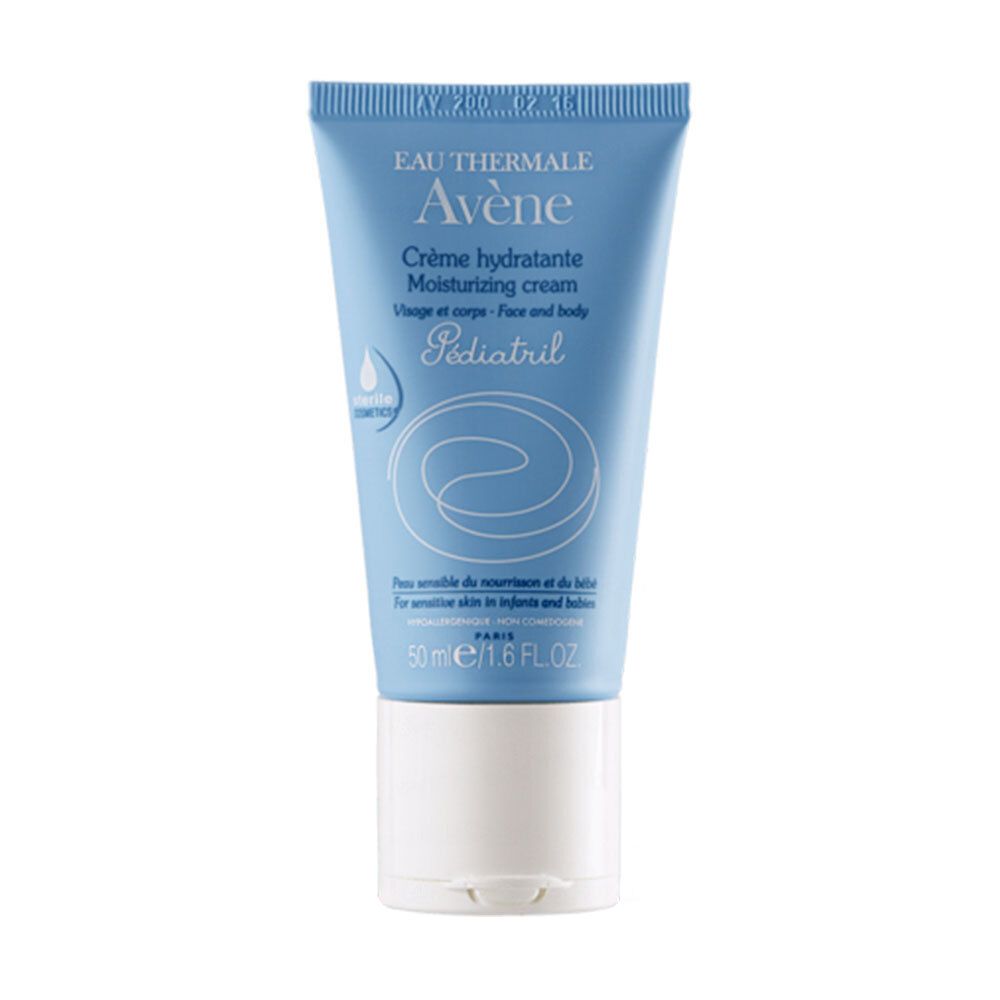 Hellblaue Tube mit weißem Verschluss. Aufschrift: Eau Thermale Avène, Crème hydratante, Pediatril. 50ml.