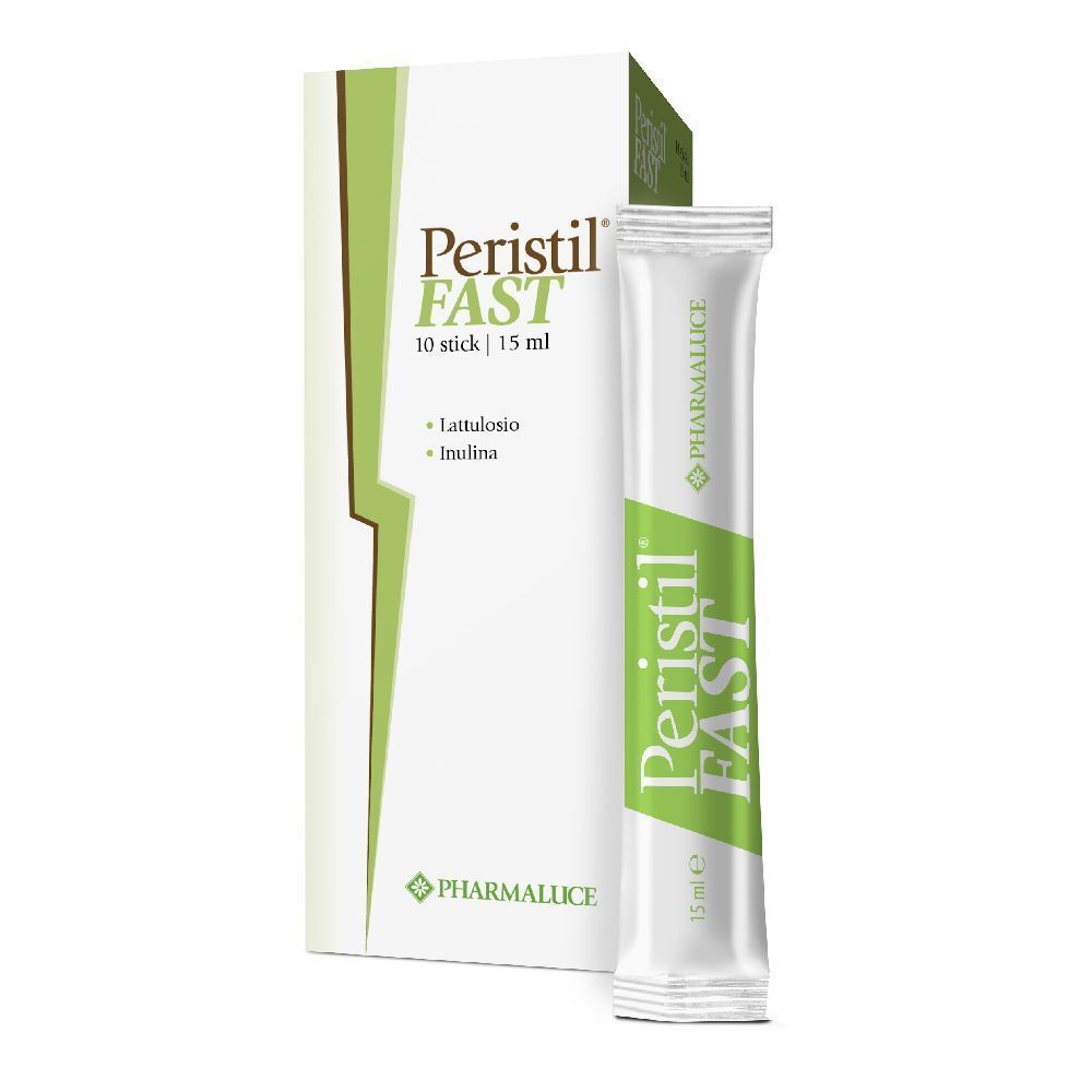 Einzelne Trinkampulle und Verpackung. Aufdruck: Peristil Fast, 10 Sticks, 15 ml. Marke: Pharmalucie.