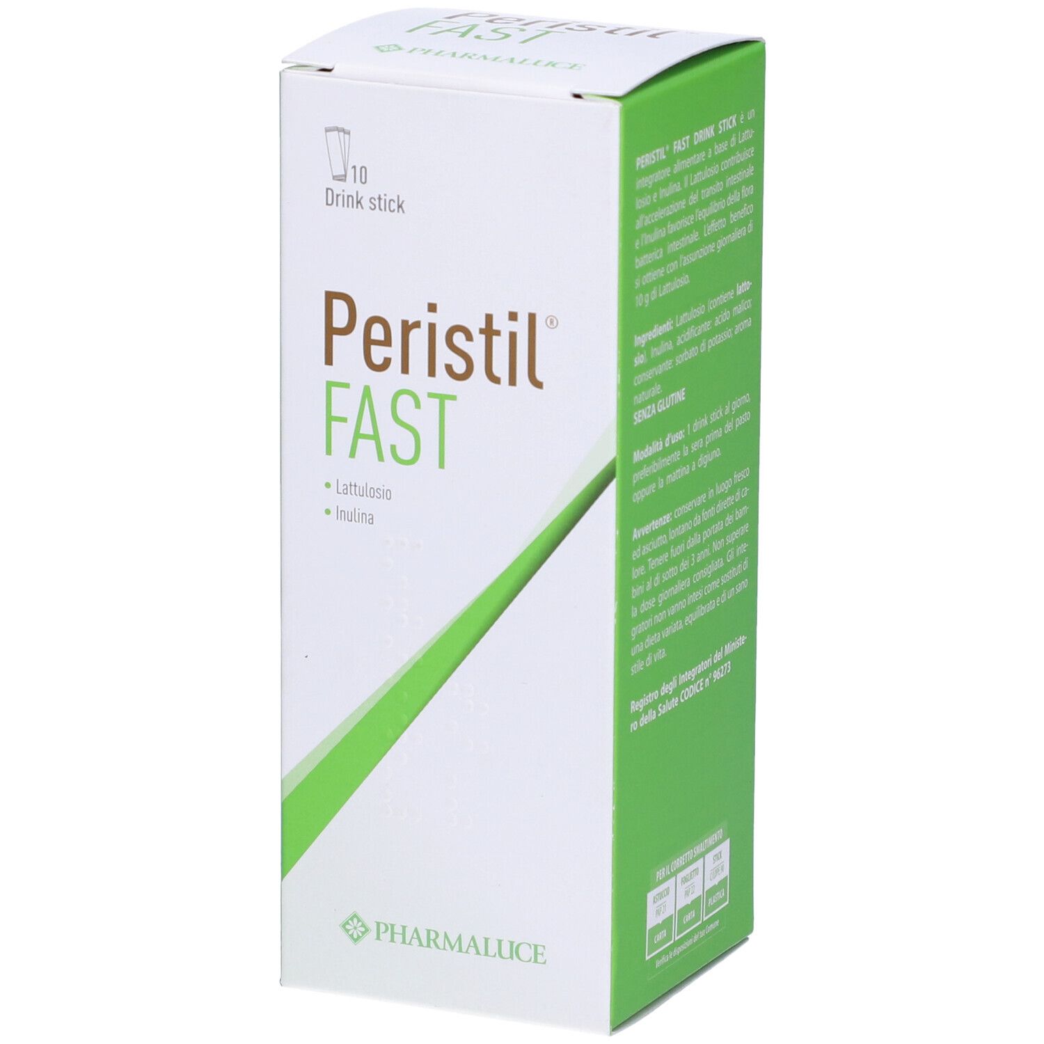 Weiße Schachtel mit grünen Akzenten. Aufdruck: Peristil Fast. 10 Drink Sticks. Marke: Pharmalucie. Inhaltsstoffe und Informationen.