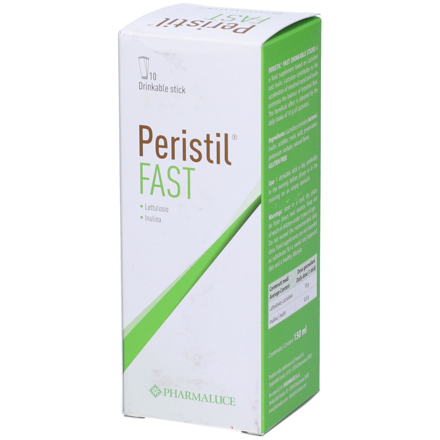 Weiße Schachtel mit grünen Akzenten. Aufdruck: Peristil Fast, 10 Drink Sticks. Marke: Pharmalucie. Inhaltsstoffe und Informationen.