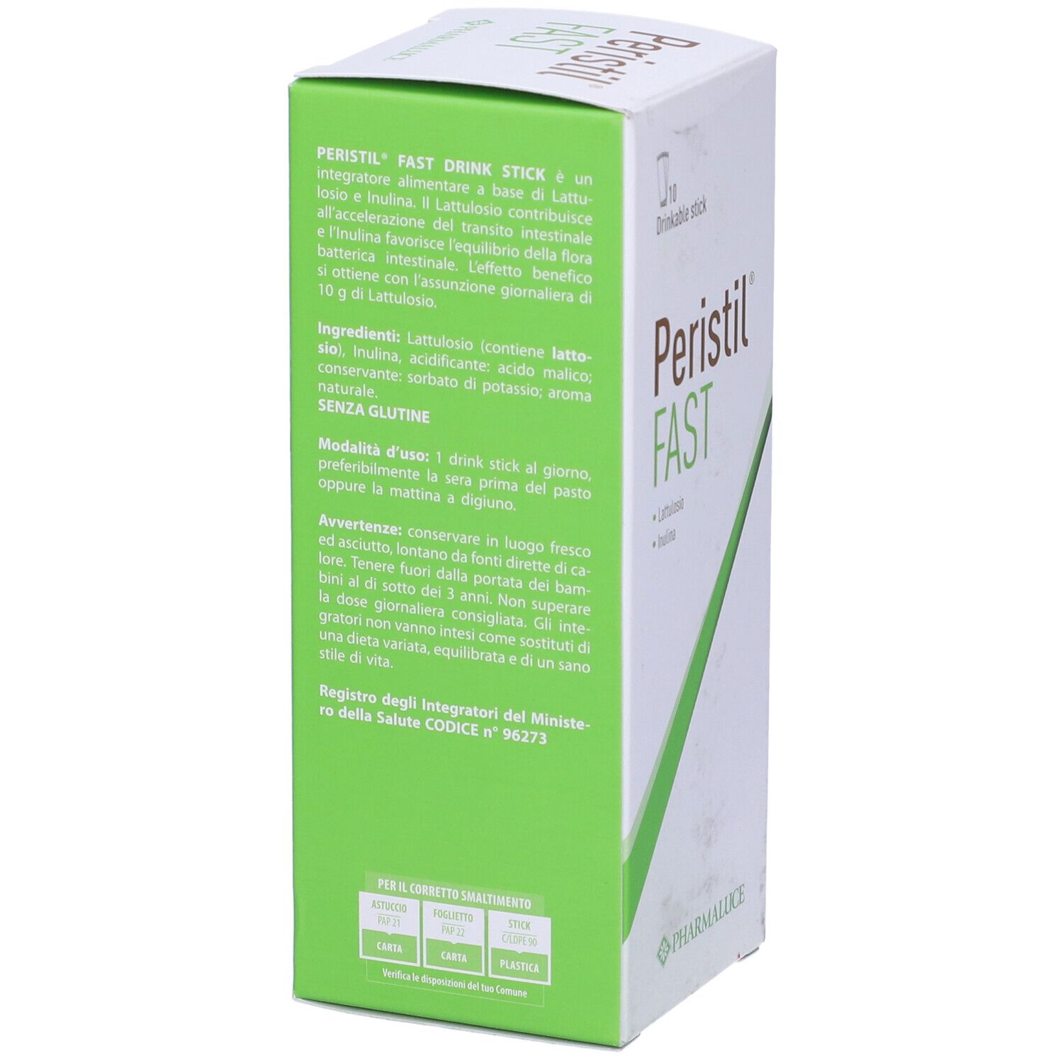 Rückseite der Schachtel. Text über Peristil Fast, Inhaltsstoffe, Anwendung, Warnhinweise. Marke: Pharmalucie. Glutenfrei.