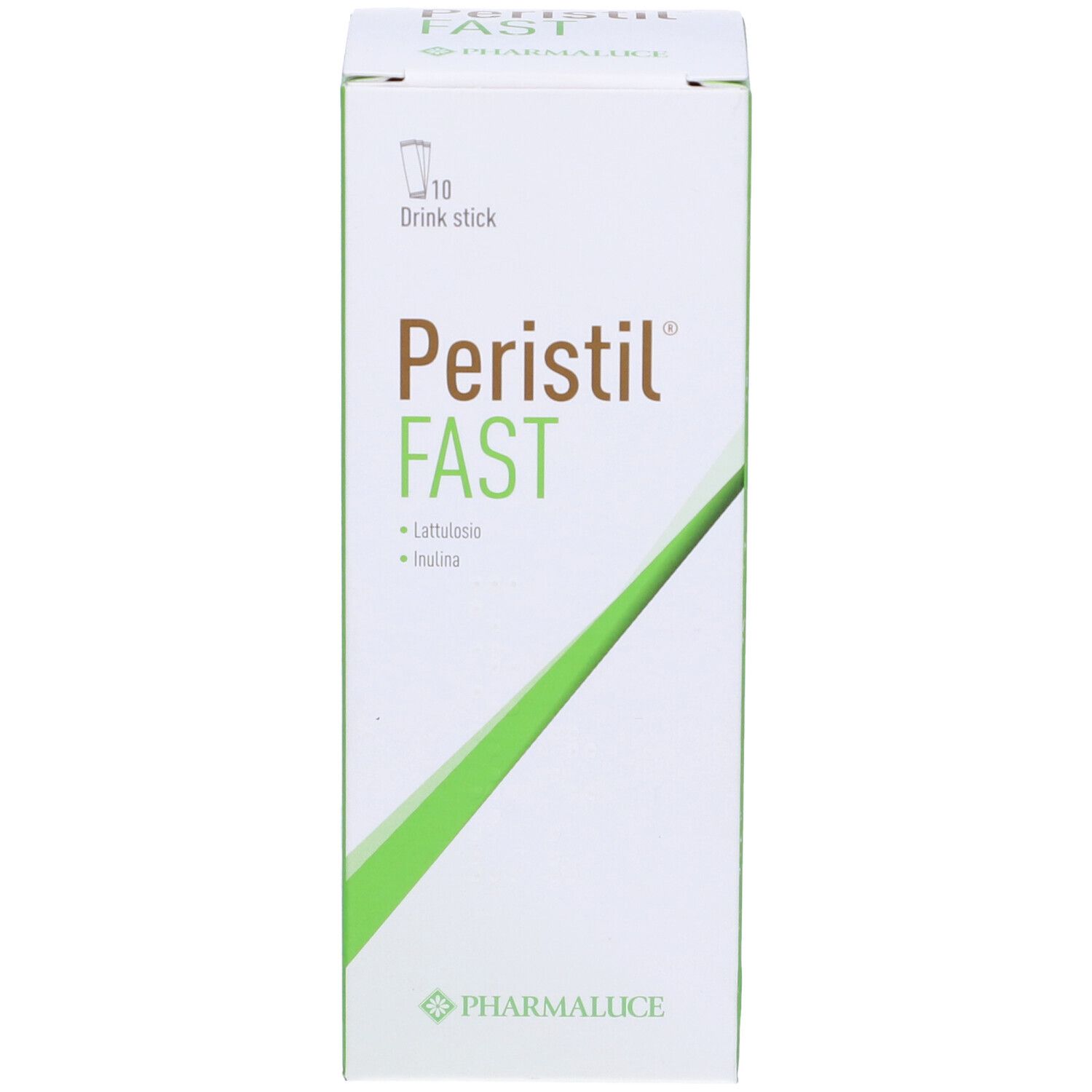 Weiße Schachtel mit grünen Akzenten. Aufdruck: Peristil Fast, 10 Drink Sticks. Marke: Pharmalucie. Inhaltsstoffe und Informationen.