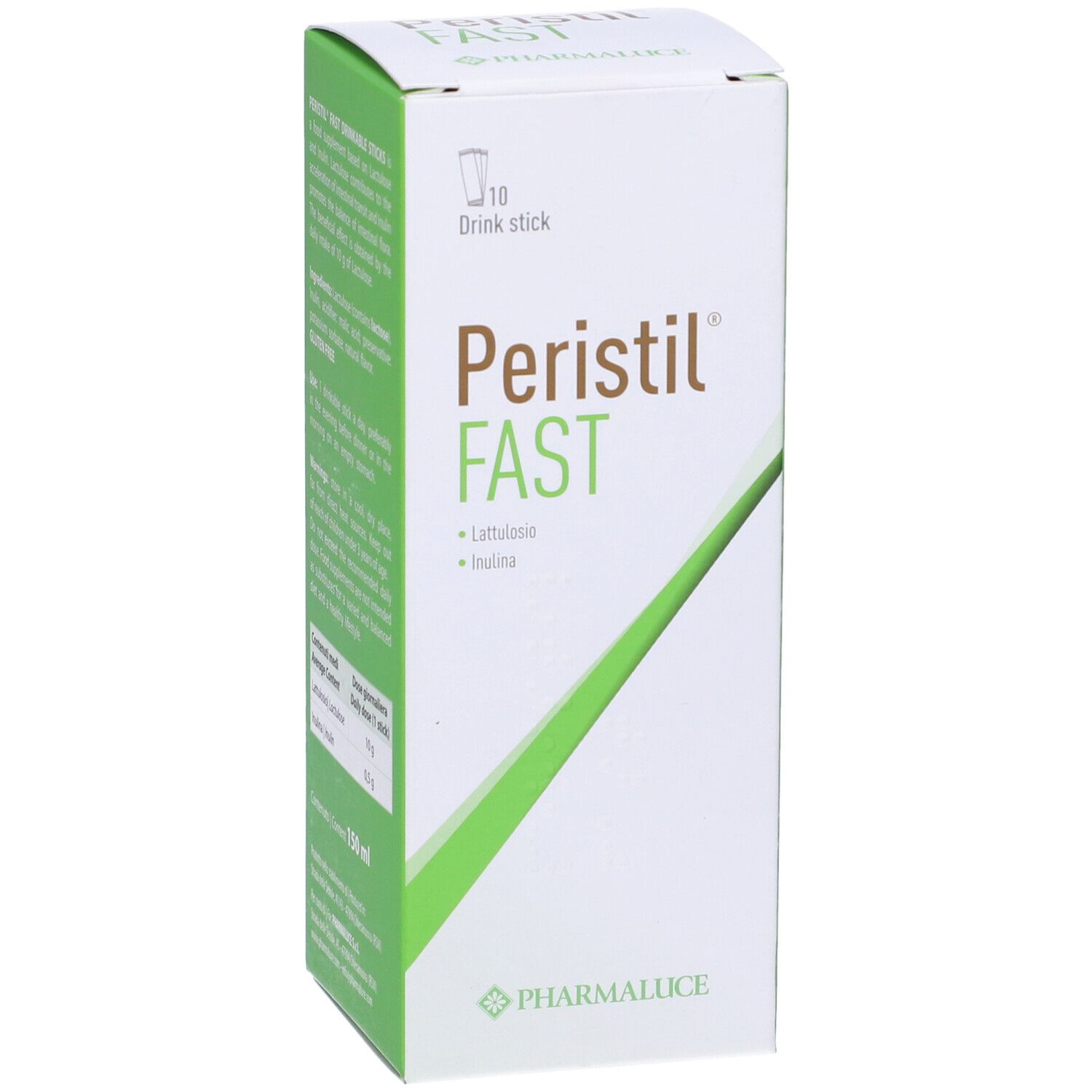 Weiße Schachtel mit grünen Akzenten. Aufdruck: Peristil Fast, 10 Drink Sticks. Marke: Pharmalucie. Inhaltsstoffe und Informationen.