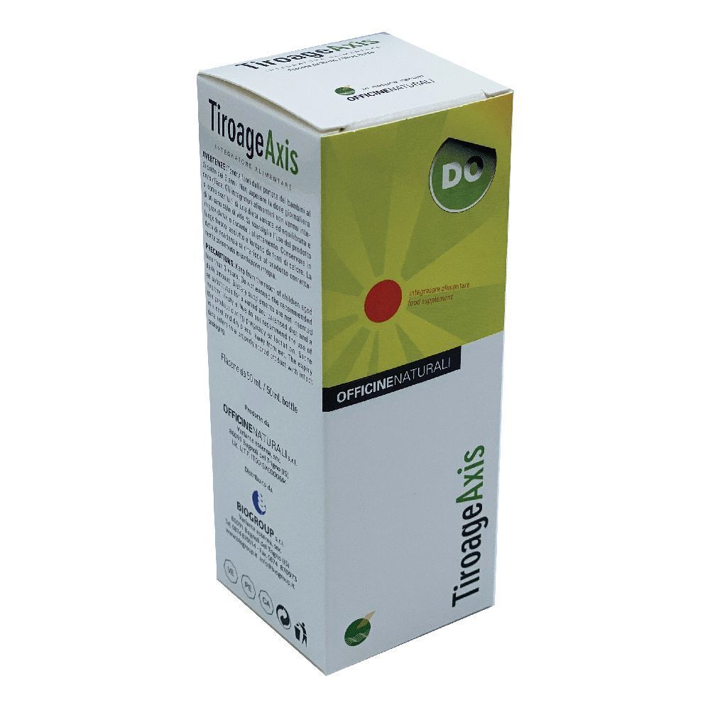 Kartonverpackung mit Produktnamen TiroageAxis. Grün-weißes Design mit Text und Logo. "Officine Naturali" sichtbar.