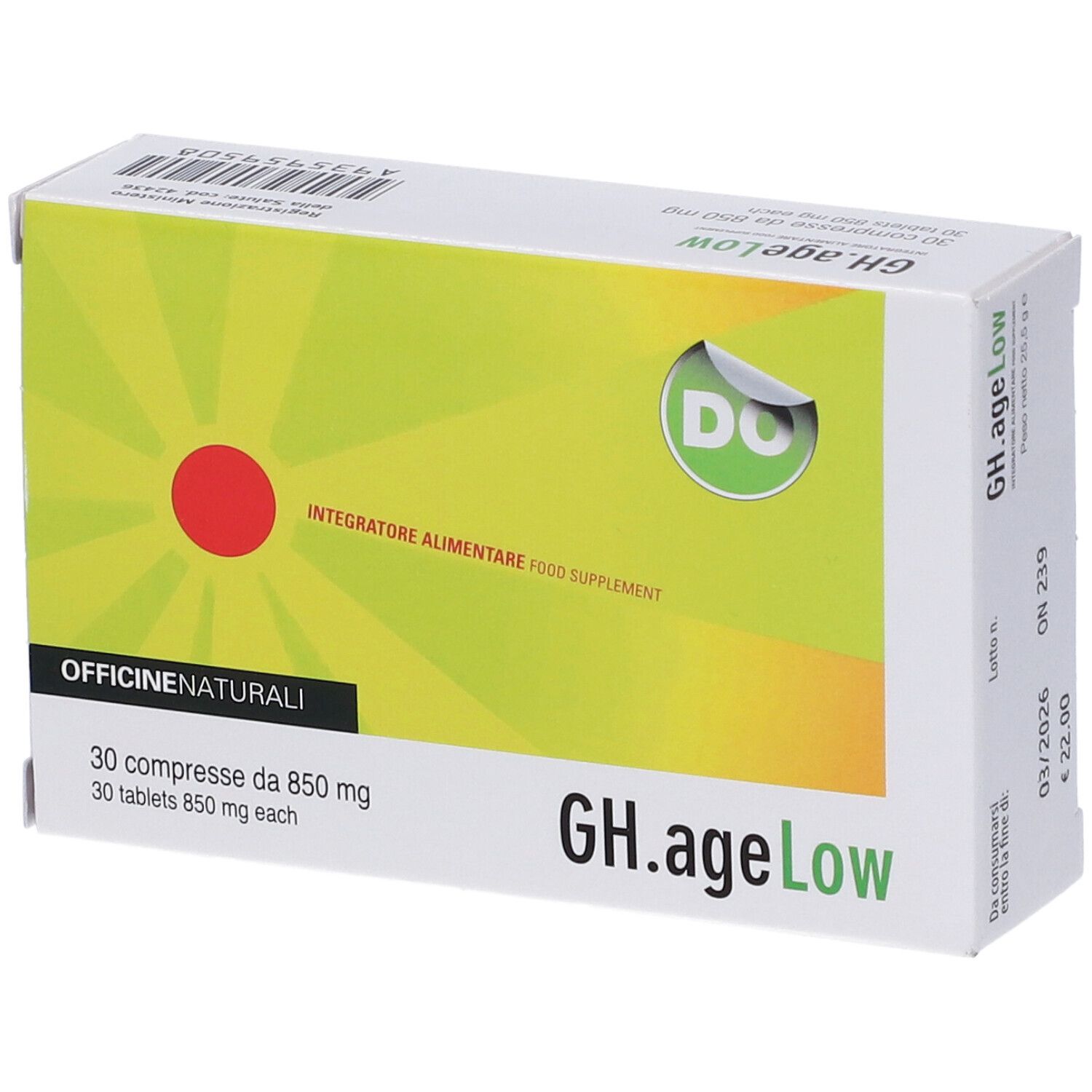 Boîte de Gh.ageLow. Inscription : 30 comprimés de 850 mg. Design vert-jaune avec cercle rouge et logo.