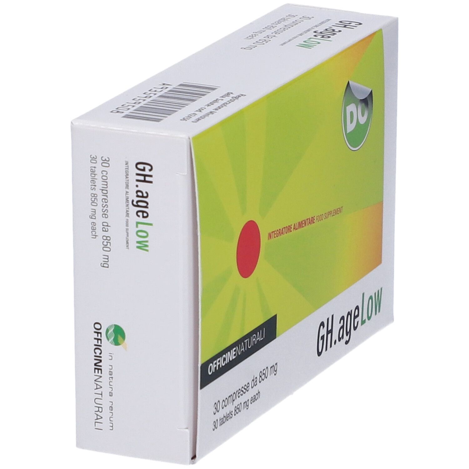 Boîte de Gh.ageLow. Inscription : 30 comprimés de 850 mg. Design vert-jaune avec cercle rouge et logo.