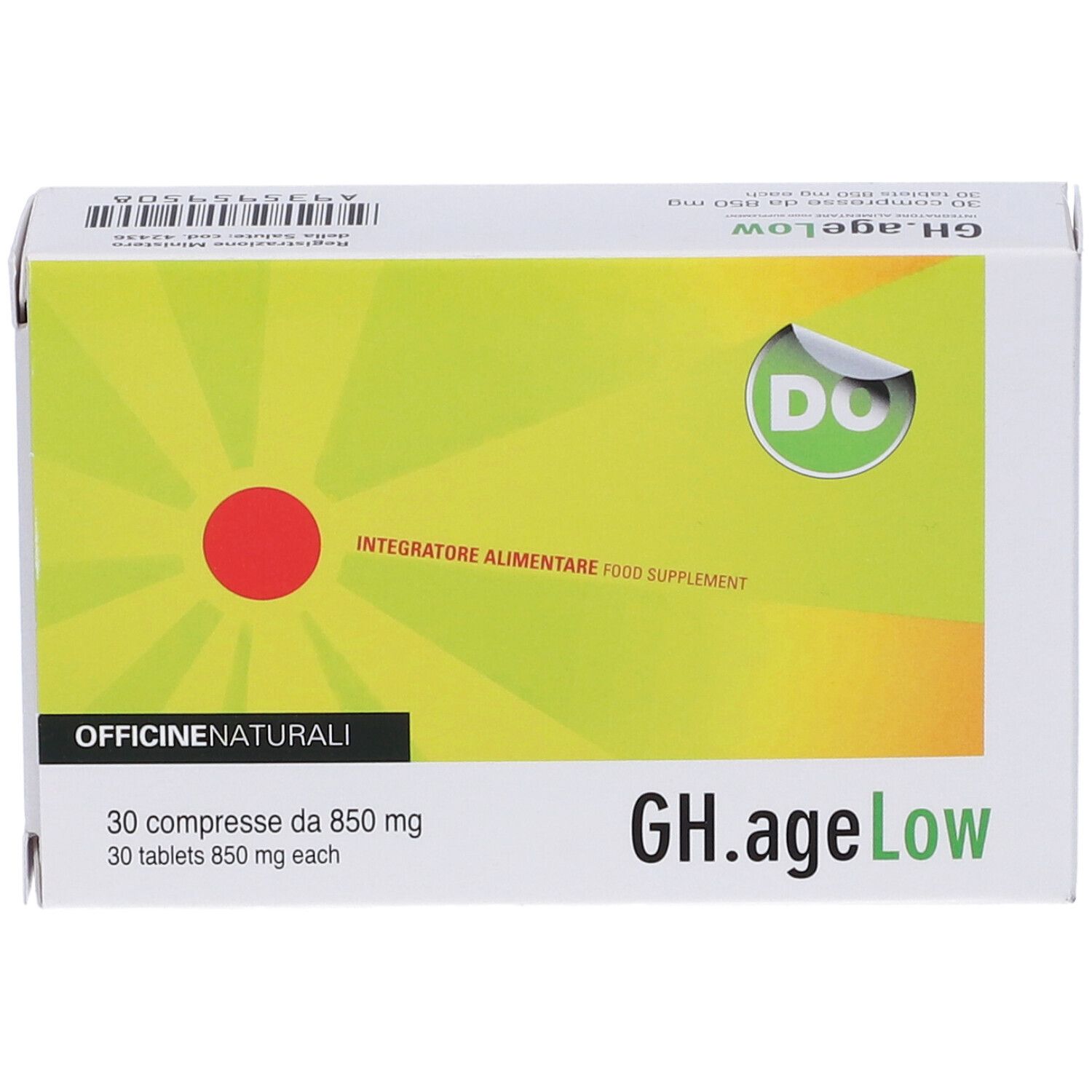Boîte de Gh.ageLow. Inscription : 30 comprimés de 850 mg. Design vert-jaune avec cercle rouge et logo.