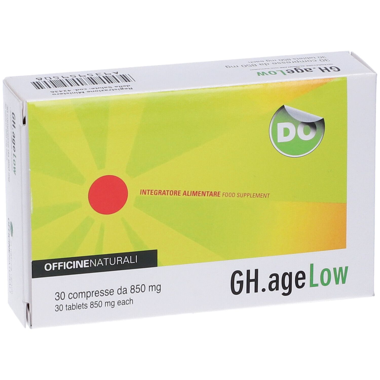 Boîte de Gh.ageLow. Inscription : 30 comprimés de 850 mg. Design vert-jaune avec cercle rouge et logo.