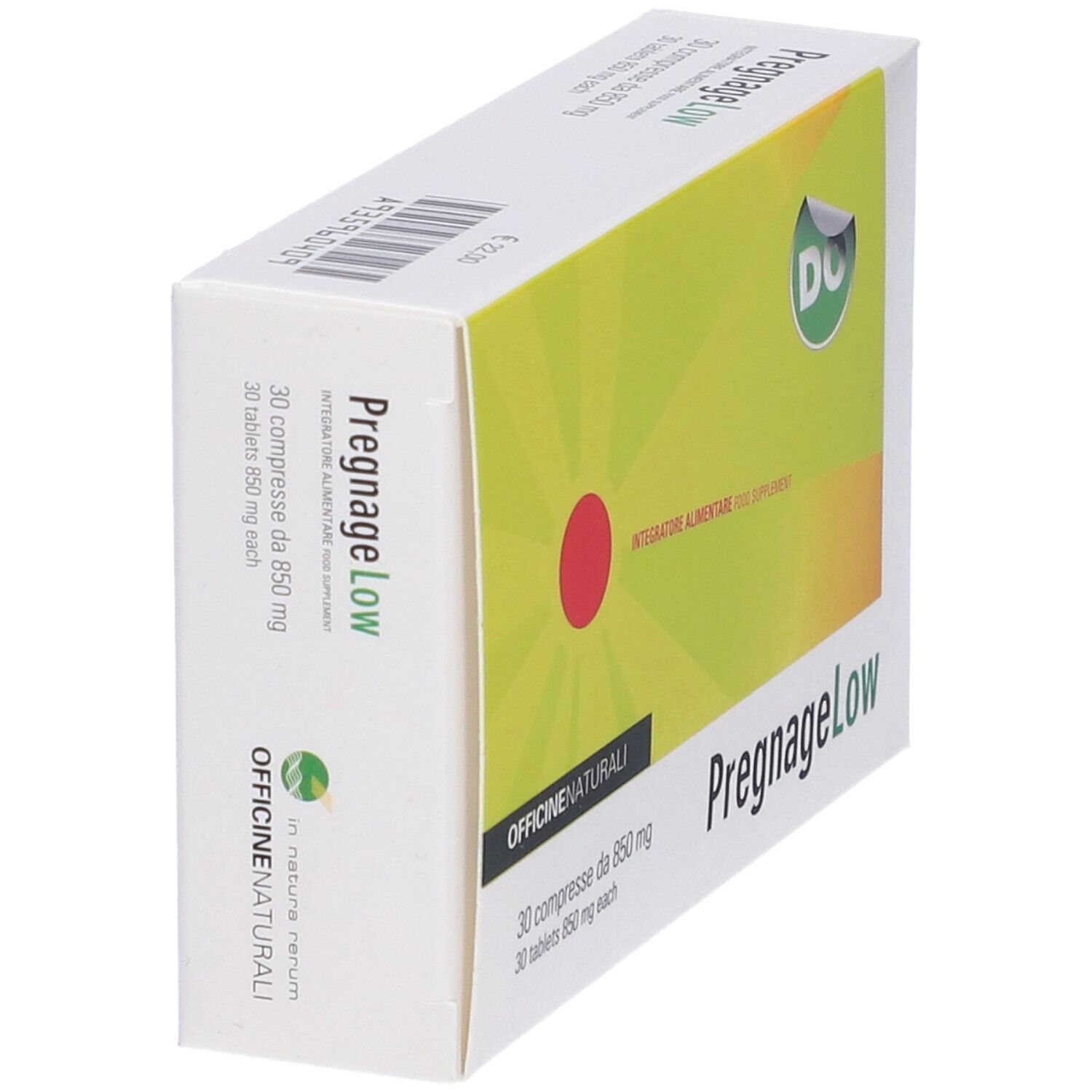 Verpackung von Pregnage Low. Aufschrift: 30 Tabletten, 850 mg. Grün-gelber Hintergrund mit rotem Kreis und Logo.