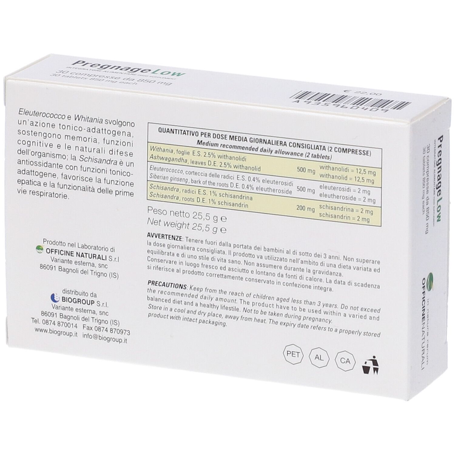 Rückseite der Pregnage Low Verpackung. Enthält Informationen zu Inhaltsstoffen und Dosierung. Text in italienischer Sprache.