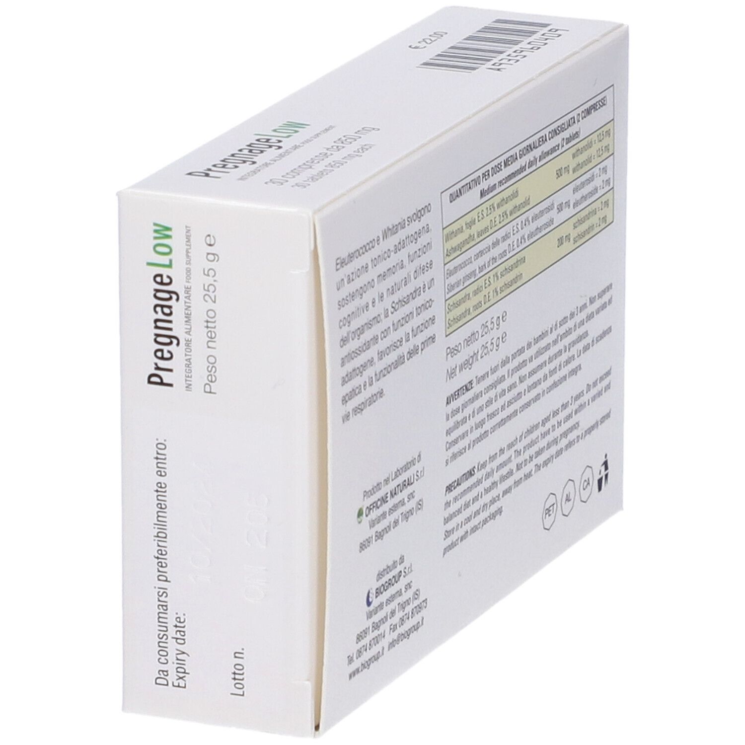 Seitenansicht der Pregnage Low Verpackung. Enthält Informationen zu Inhaltsstoffen und Dosierung. Text in italienischer Sprache.