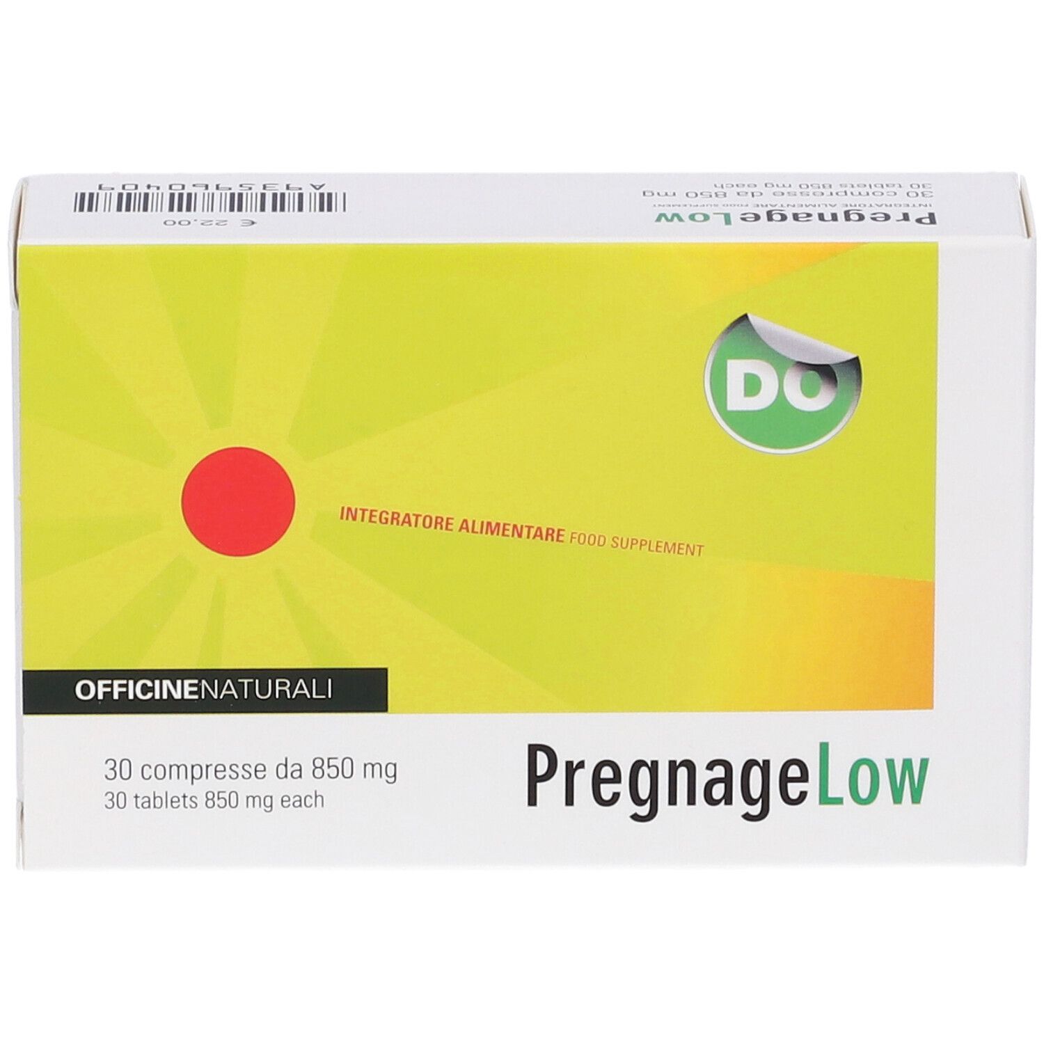 Verpackung von Pregnage Low. Aufschrift: 30 Tabletten, 850 mg. Grün-gelber Hintergrund mit rotem Kreis und Logo.