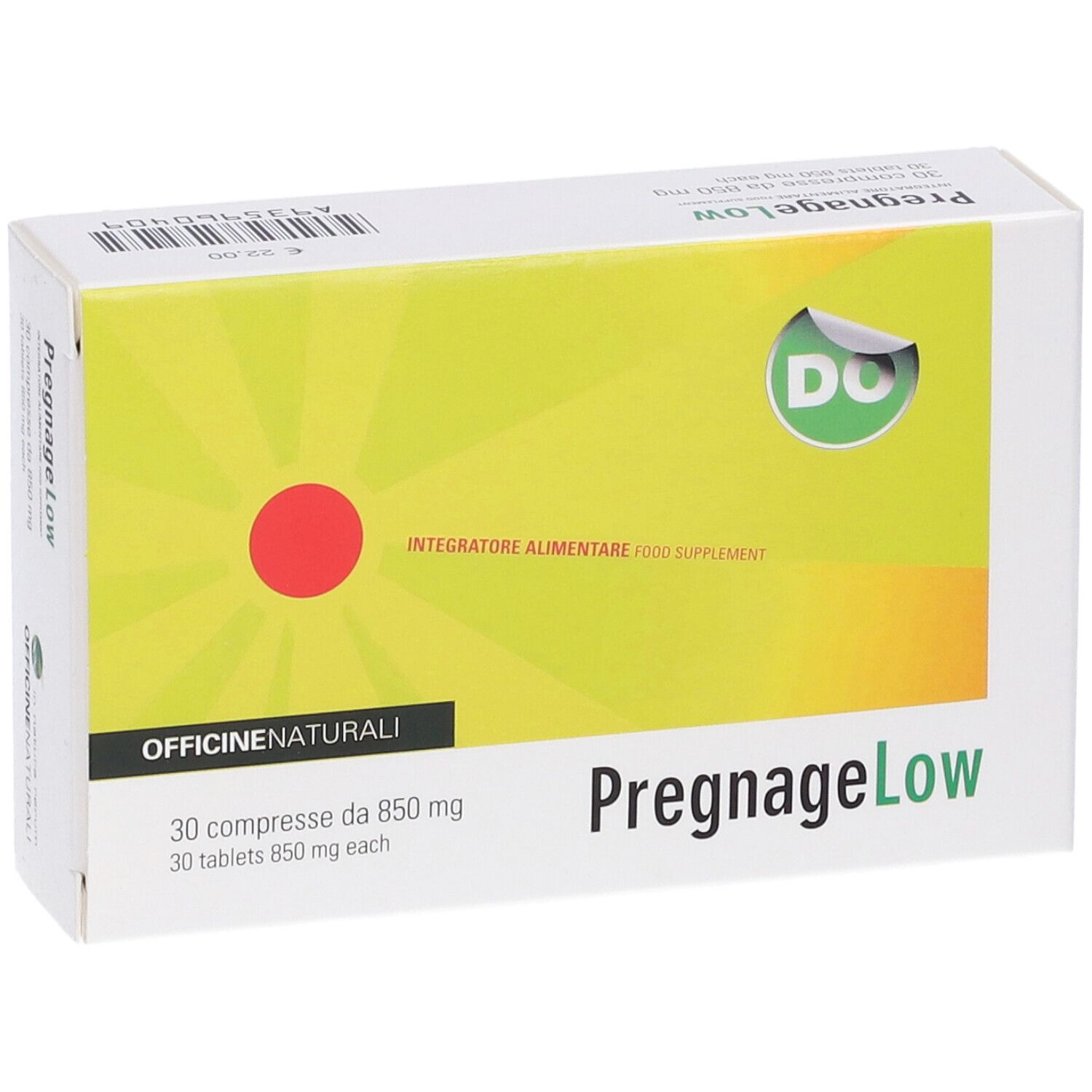 Verpackung von Pregnage Low. Aufschrift: 30 Tabletten, 850 mg. Grün-gelber Hintergrund mit rotem Kreis und Logo.