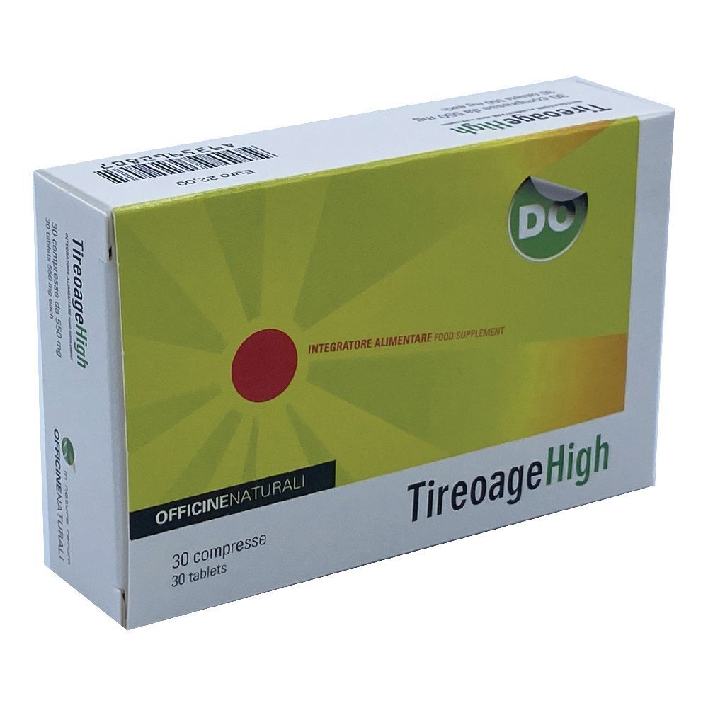 Boîte TireoageHigh, 30 comprimés. Fond jaune avec cercle rouge et logo vert. Texte: OFFICINE NATURALI.