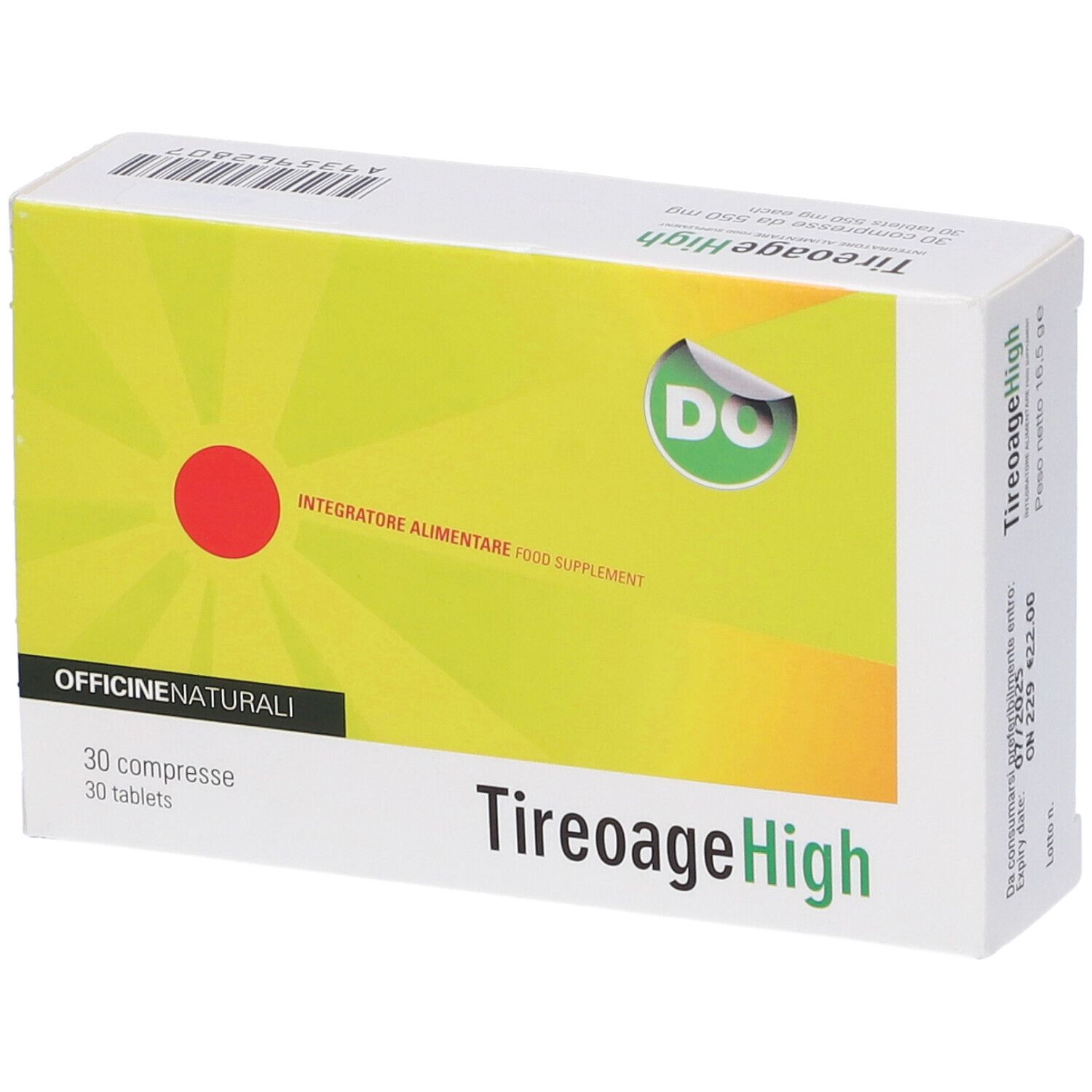 Boîte TireoageHigh, 30 comprimés. Fond jaune avec cercle rouge et logo vert. Texte: OFFICINE NATURALI.