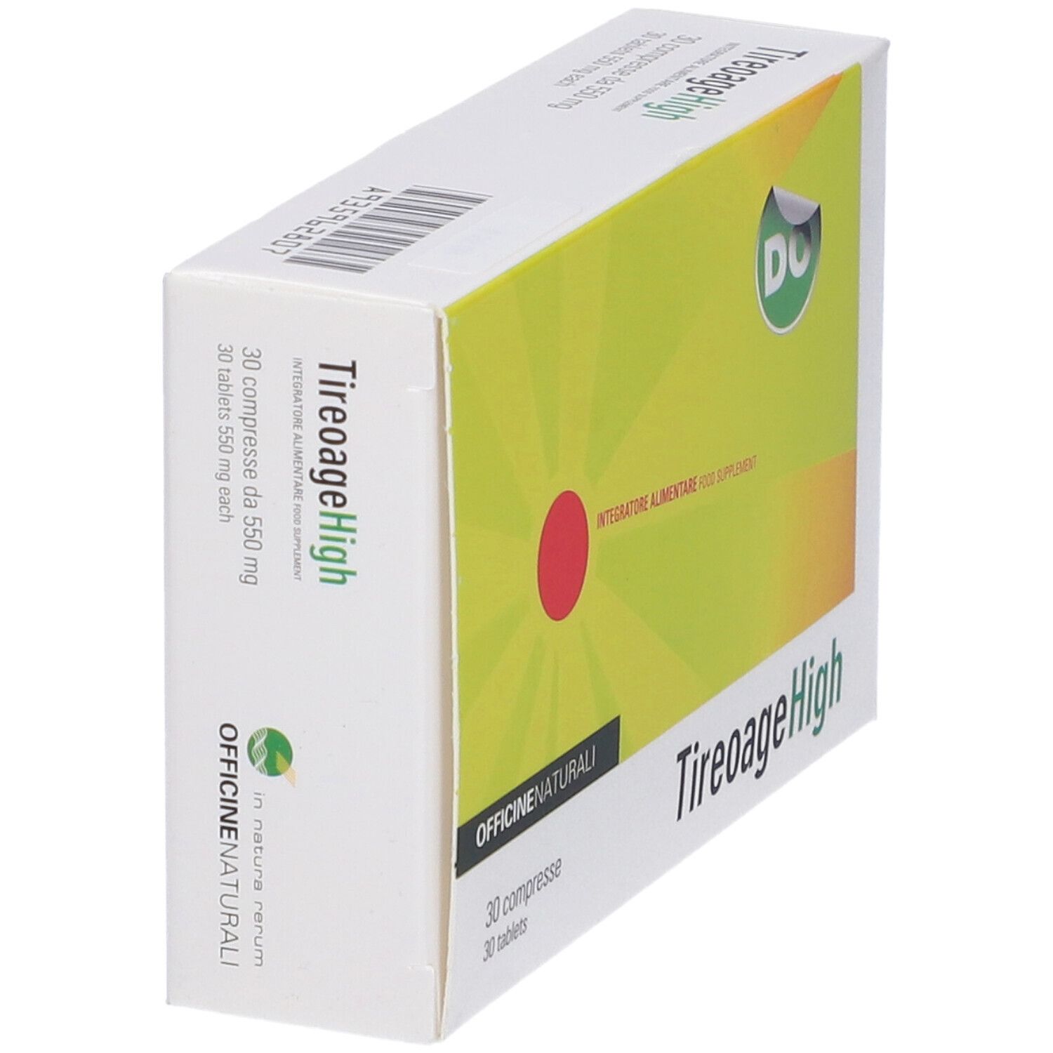 Boîte TireoageHigh, 30 comprimés. Fond jaune avec cercle rouge et logo vert. Texte: OFFICINE NATURALI.