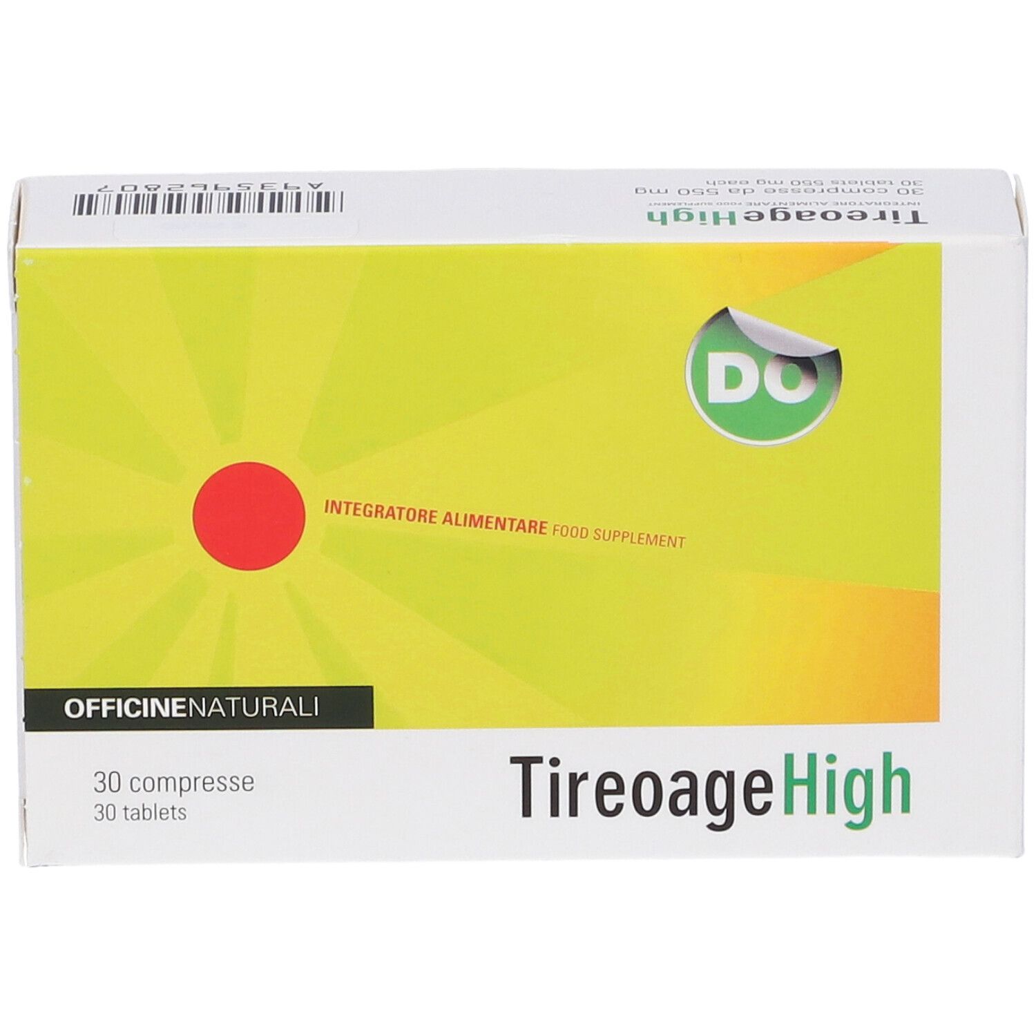 Boîte TireoageHigh, 30 comprimés. Fond jaune avec cercle rouge et logo vert. Texte: OFFICINE NATURALI.