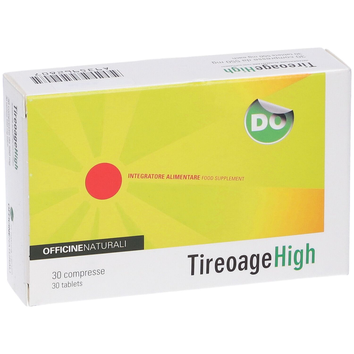 Boîte TireoageHigh, 30 comprimés. Fond jaune avec cercle rouge et logo vert. Texte: OFFICINE NATURALI.