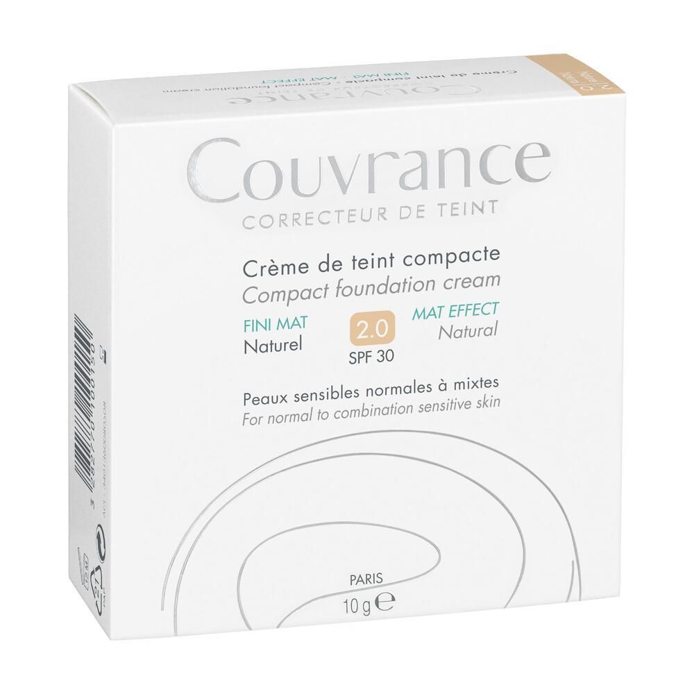 Boîte blanche avec inscription Couvrance. Contient Crème de teint compacte 2.0, teinte Naturel, SPF 30.