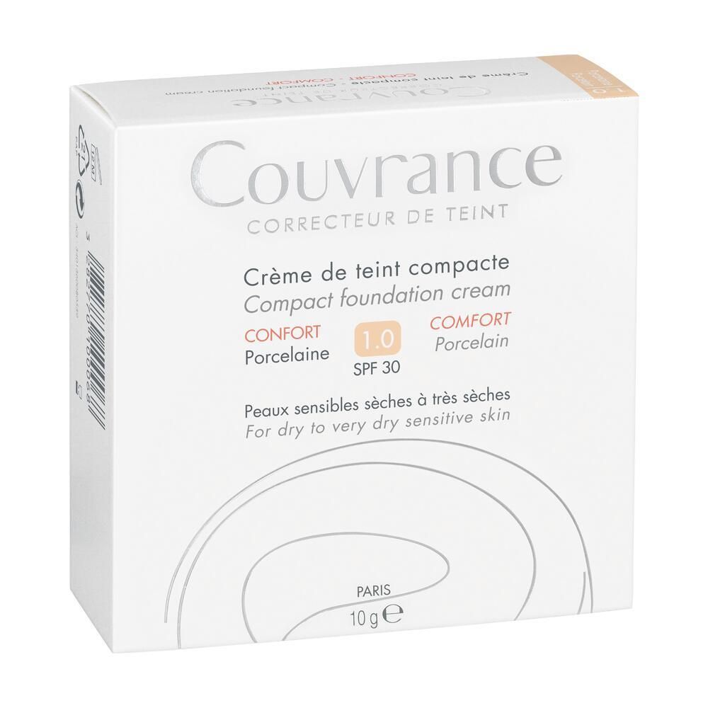 Boîte blanche avec nom et informations du produit. Inscription : Couvrance, Crème de teint compacte, SPF 30, Porcelaine.