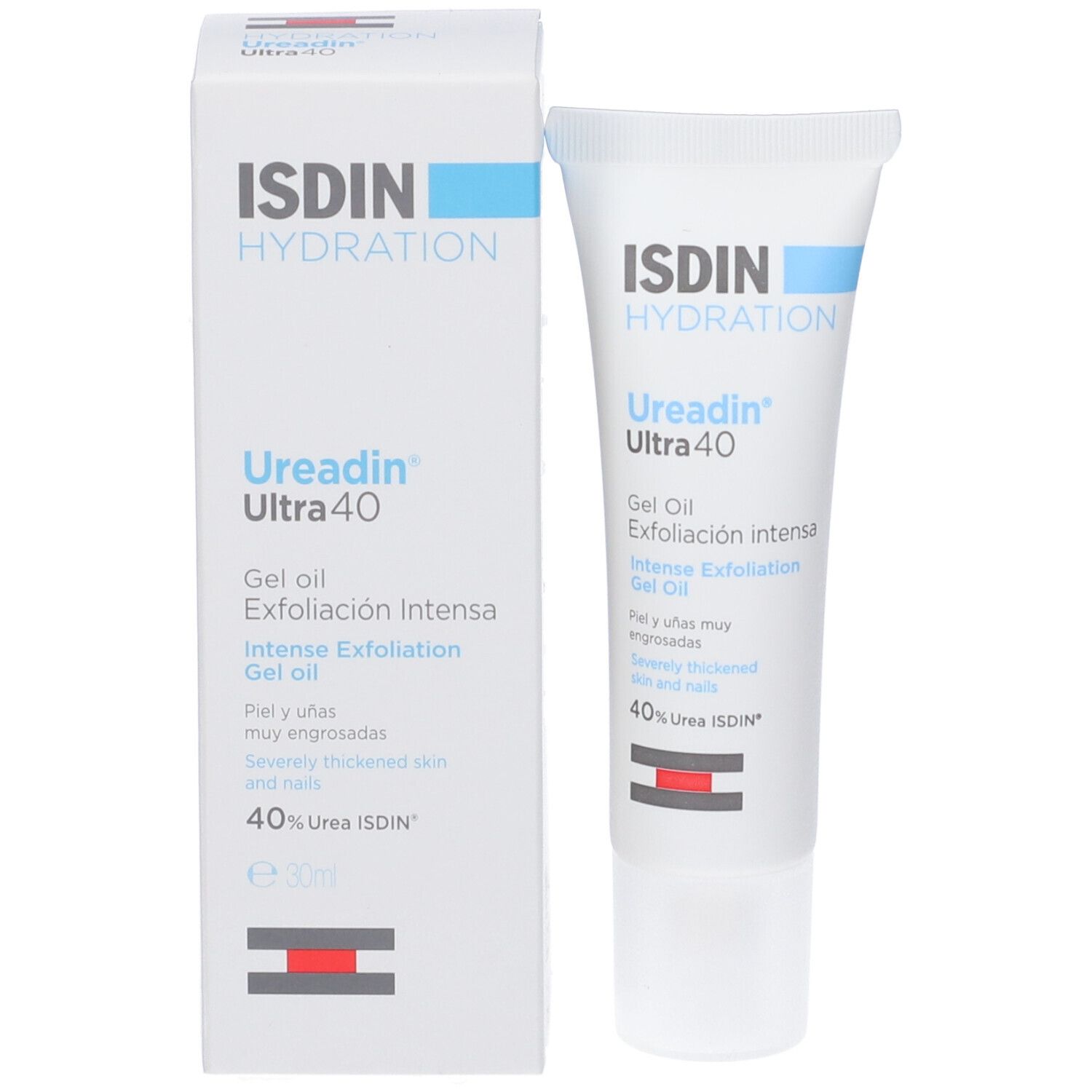 Emballage du produit. Blanc avec texte bleu et rouge. Contient Ureadin Ultra 40. 30ml. Logo ISDIN.