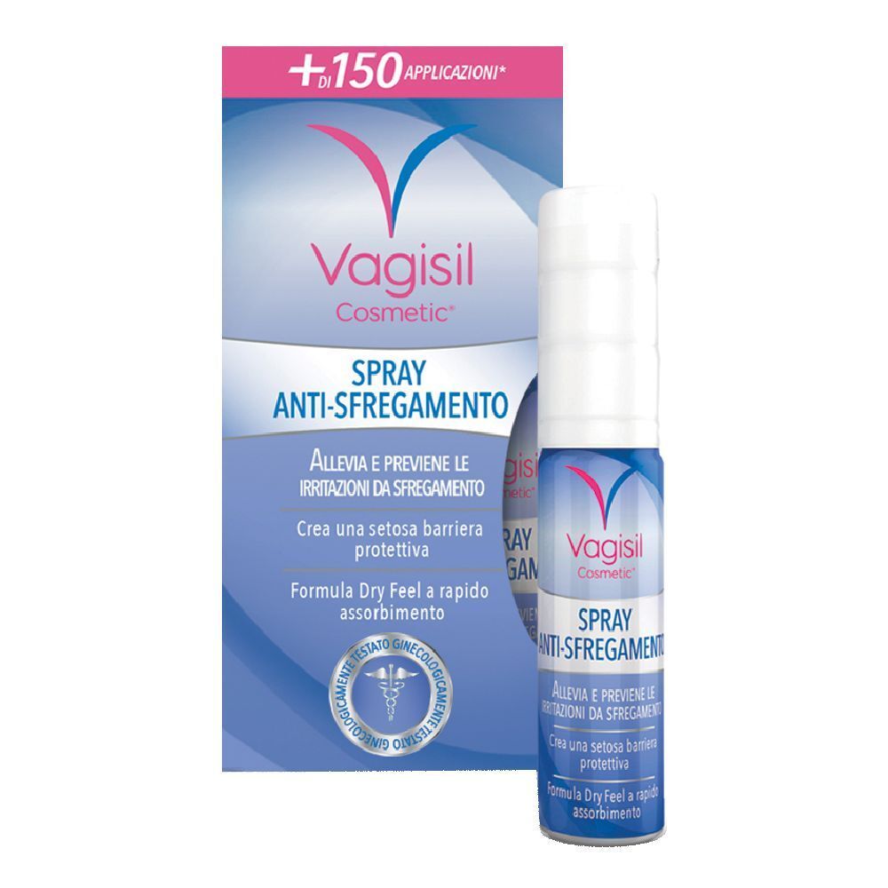 Vagisil Spray Anti-Sfregamento. Flacon et emballage. Couleurs bleu et blanc. Texte.