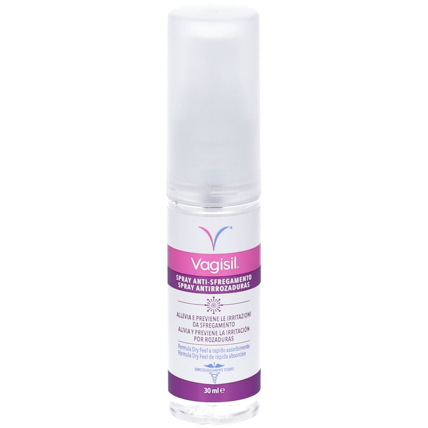 Vagisil Spray Anti-Sfregamento. Flacon de spray. Bouchon blanc, autocollant bleu. Texte.