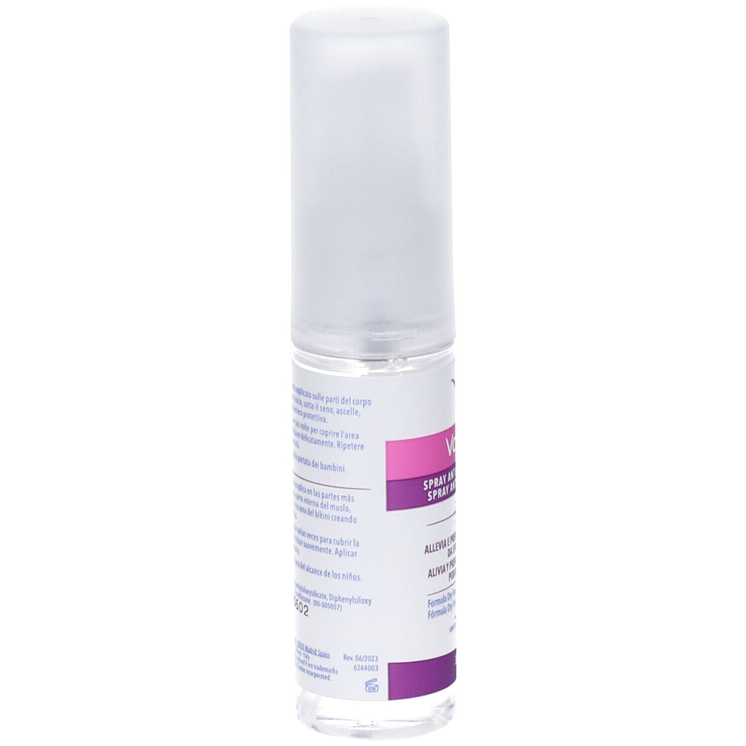 Vagisil Spray Anti-Sfregamento. Flacon de spray. Dos avec texte. Couleurs bleu et blanc.