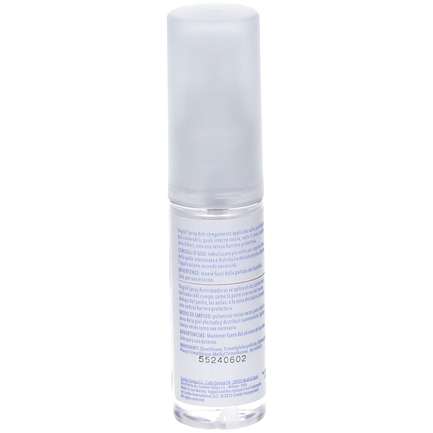 Vagisil Spray Anti-Sfregamento. Flacon de spray. Dos avec texte. Couleurs bleu et blanc.