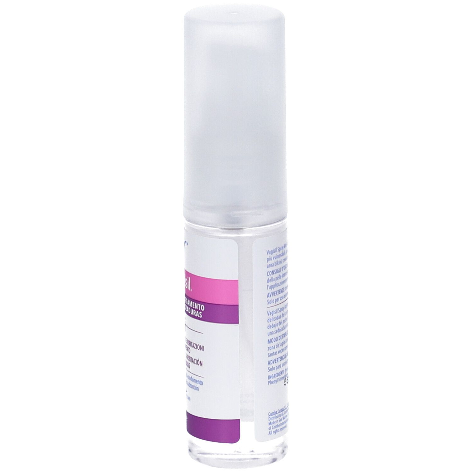 Vagisil Spray Anti-Sfregamento. Flacon de spray. Dos avec texte. Couleurs bleu et blanc.