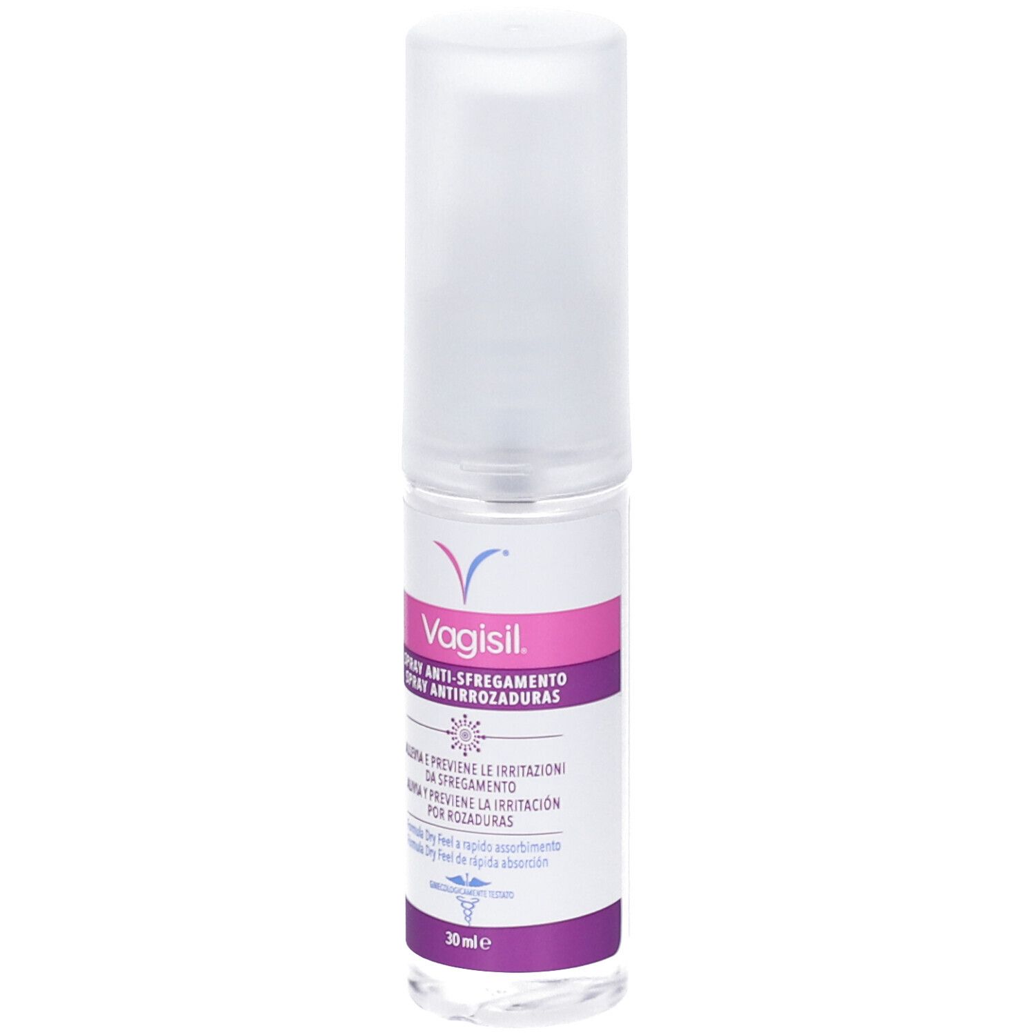 Vagisil Spray Anti-Sfregamento. Flacon de spray. Dos avec texte. Couleurs bleu et blanc.