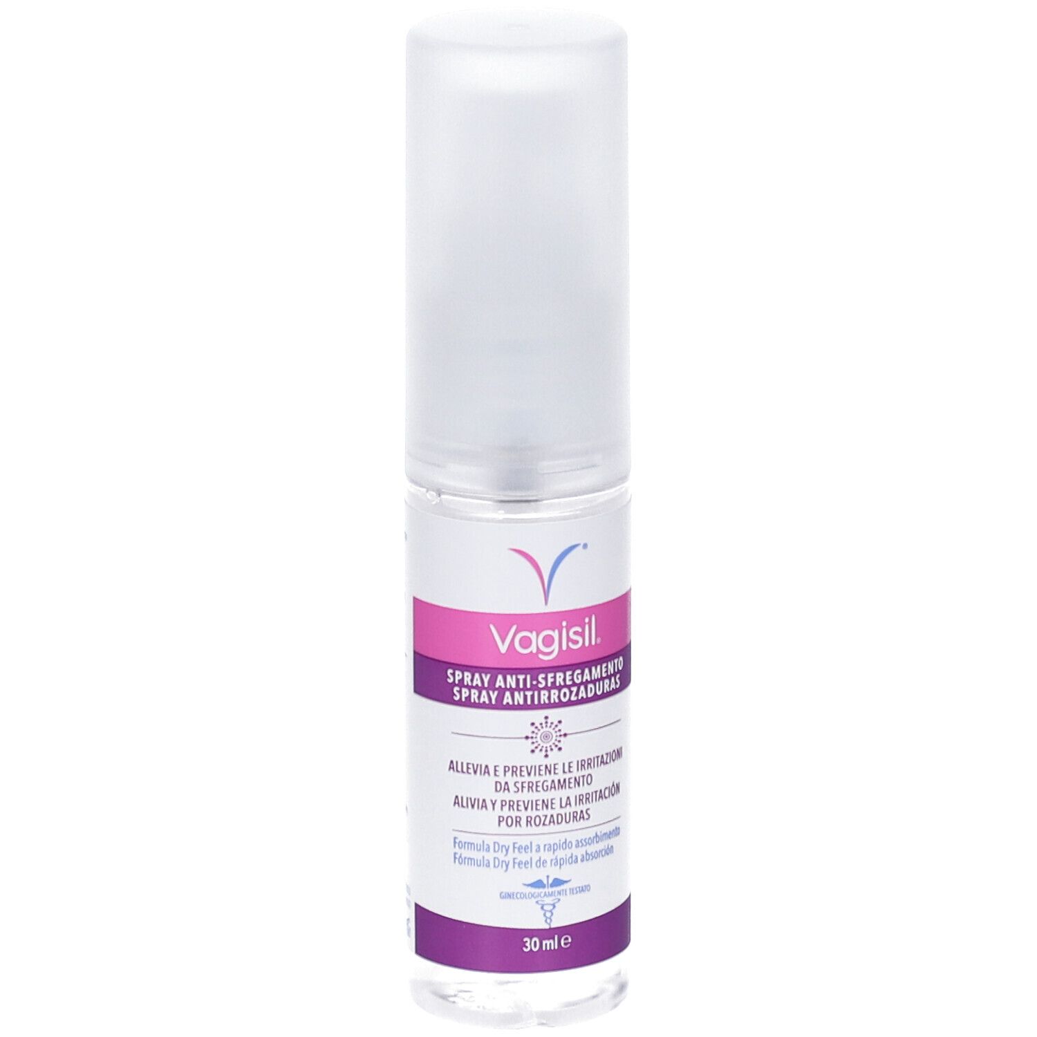 Vagisil Spray Anti-Sfregamento. Flacon de spray. Face avant avec texte. Couleurs bleu et blanc.