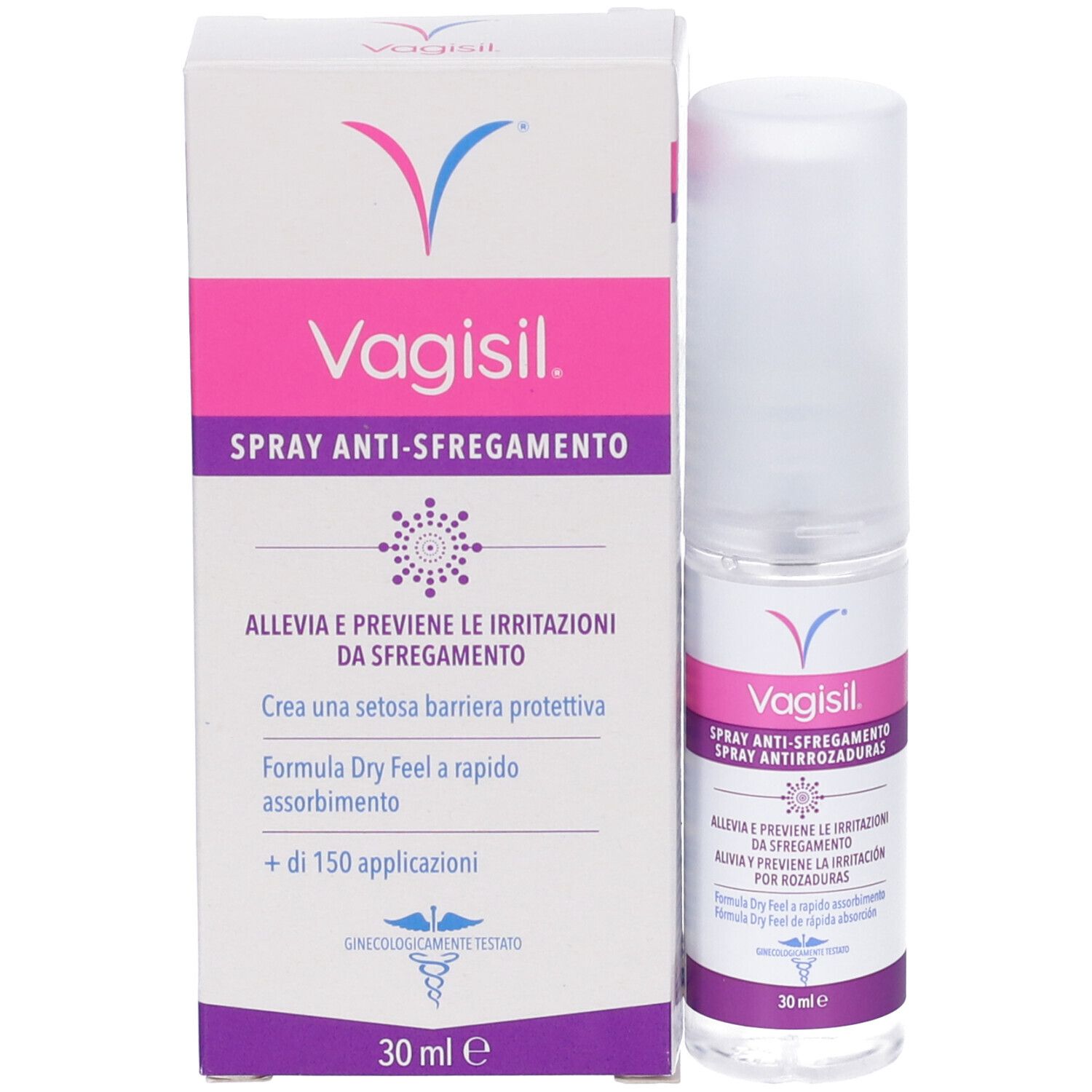 Vagisil Spray Anti-Sfregamento. Flacon et emballage. Couleurs bleu et blanc. Texte.