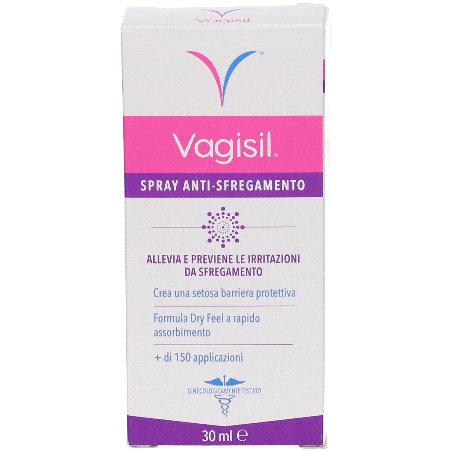 Vagisil Spray Anti-Sfregamento. Emballage. Couleurs bleu et blanc. Texte.