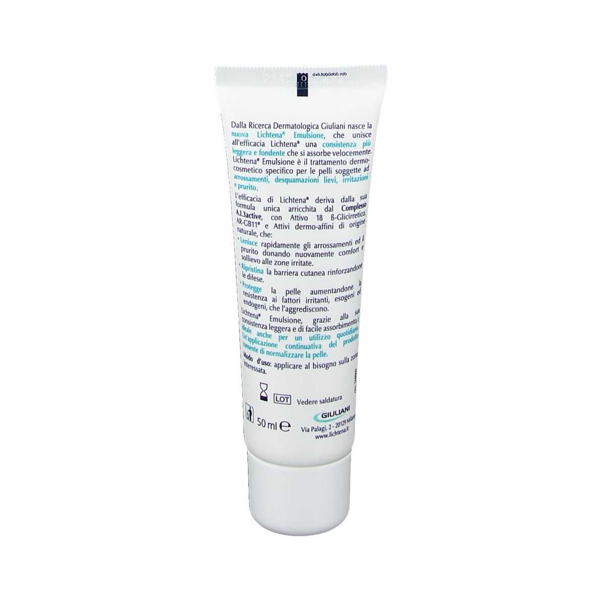 Rückseite der Tube. Text: 'Dalla Ricerca Dermatologica Giuliani'.