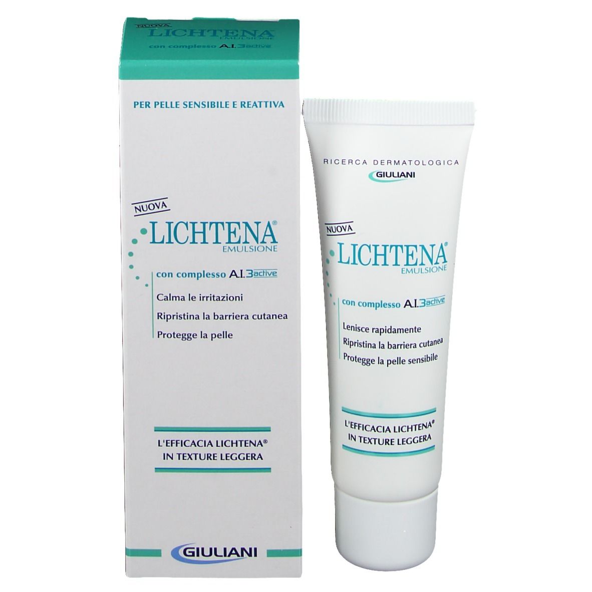 Produktverpackung mit Tube. Verpackung: grün-weiß, Text: LICHTENA Emulsion.