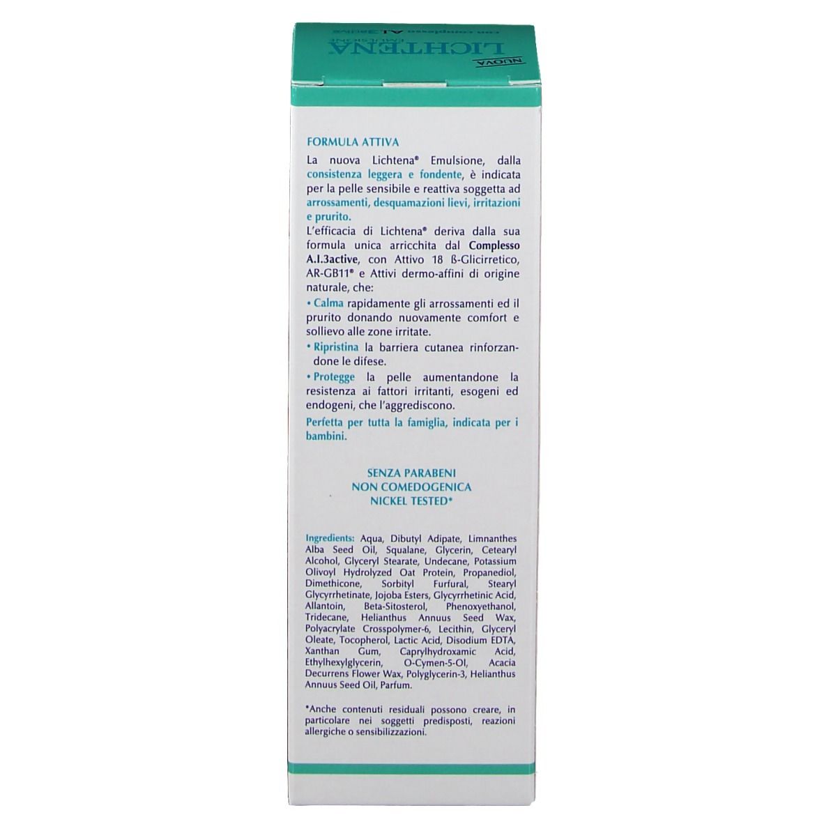 Verpackung, Text: 'FORMULA ATTIVA'. Inhaltsstoffe und 'SENZA PARABENI'.