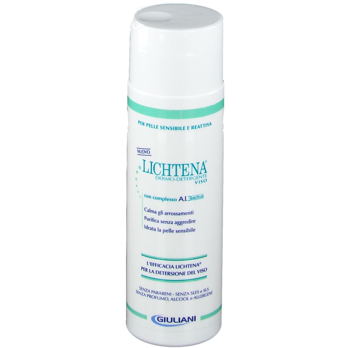 Flacon blanc et vert. Inscription : Lichtena, Dermo-Detergente Viso. Texte : Pour peaux sensibles. Logo Giuliani.
